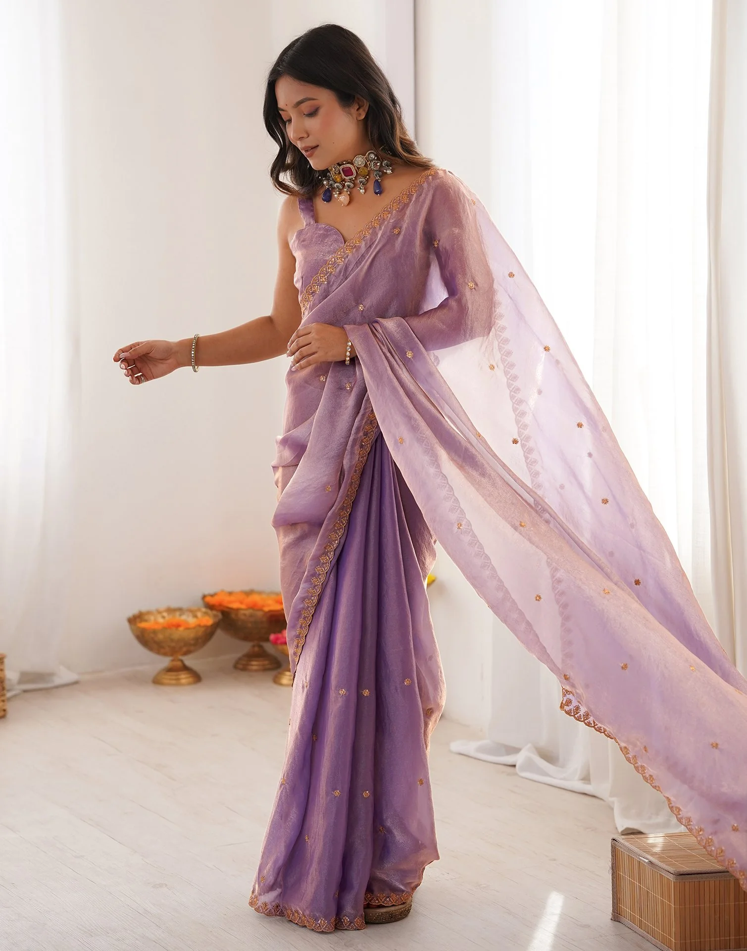 Lavender Shimmer Tissue Sequence Embroidery Saree - Image 9