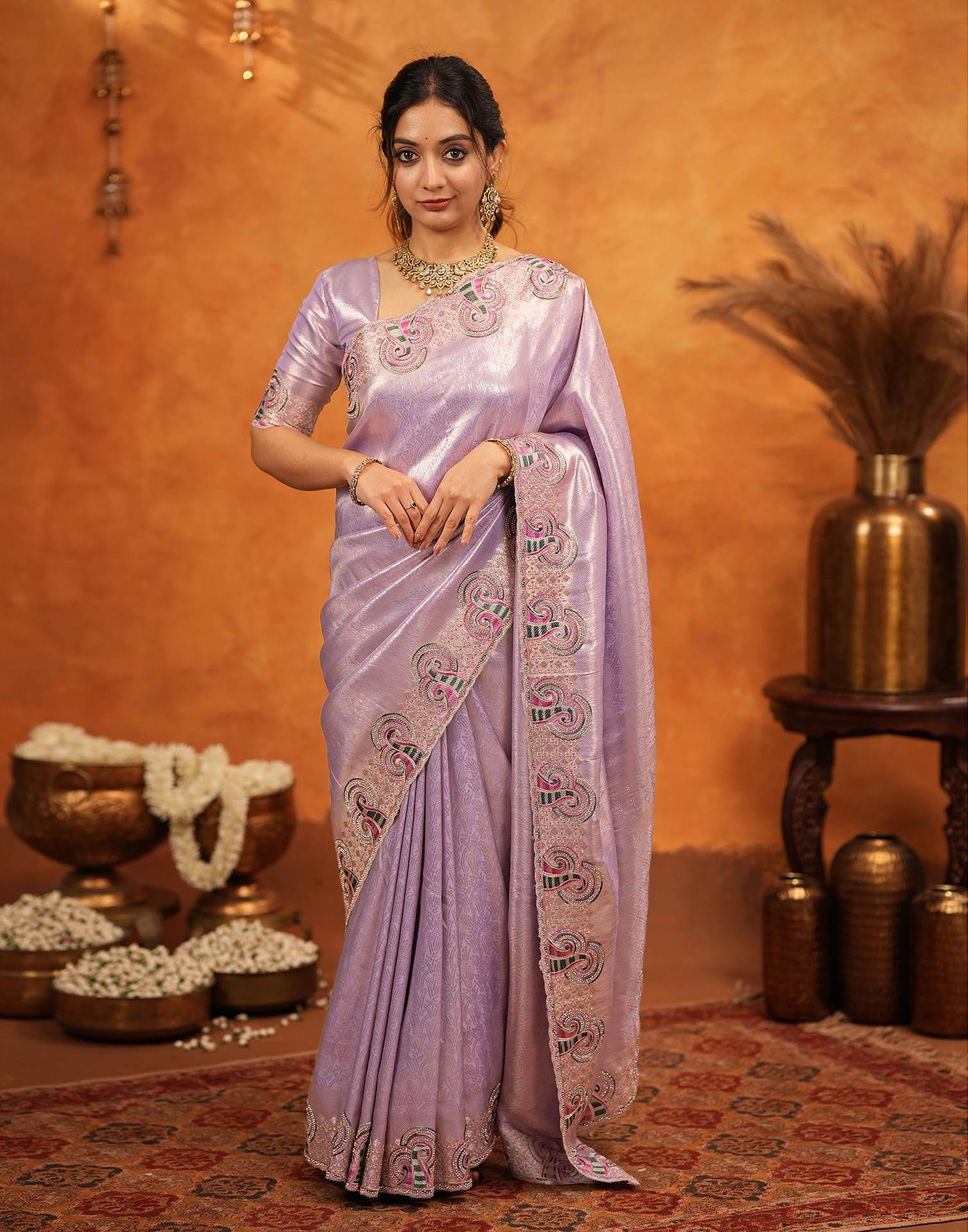 Lavender Silk Woven Embroidery Stone Work Embellished Saree - Image 2