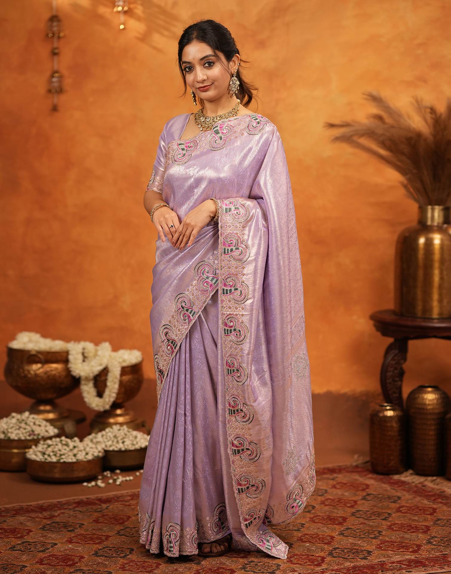 Lavender Silk Woven Embroidery Stone Work Embellished Saree - Image 4