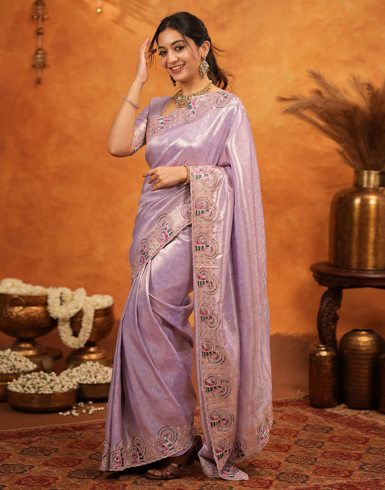 Lavender Silk Woven Embroidery Stone Work Embellished Saree - Image 6