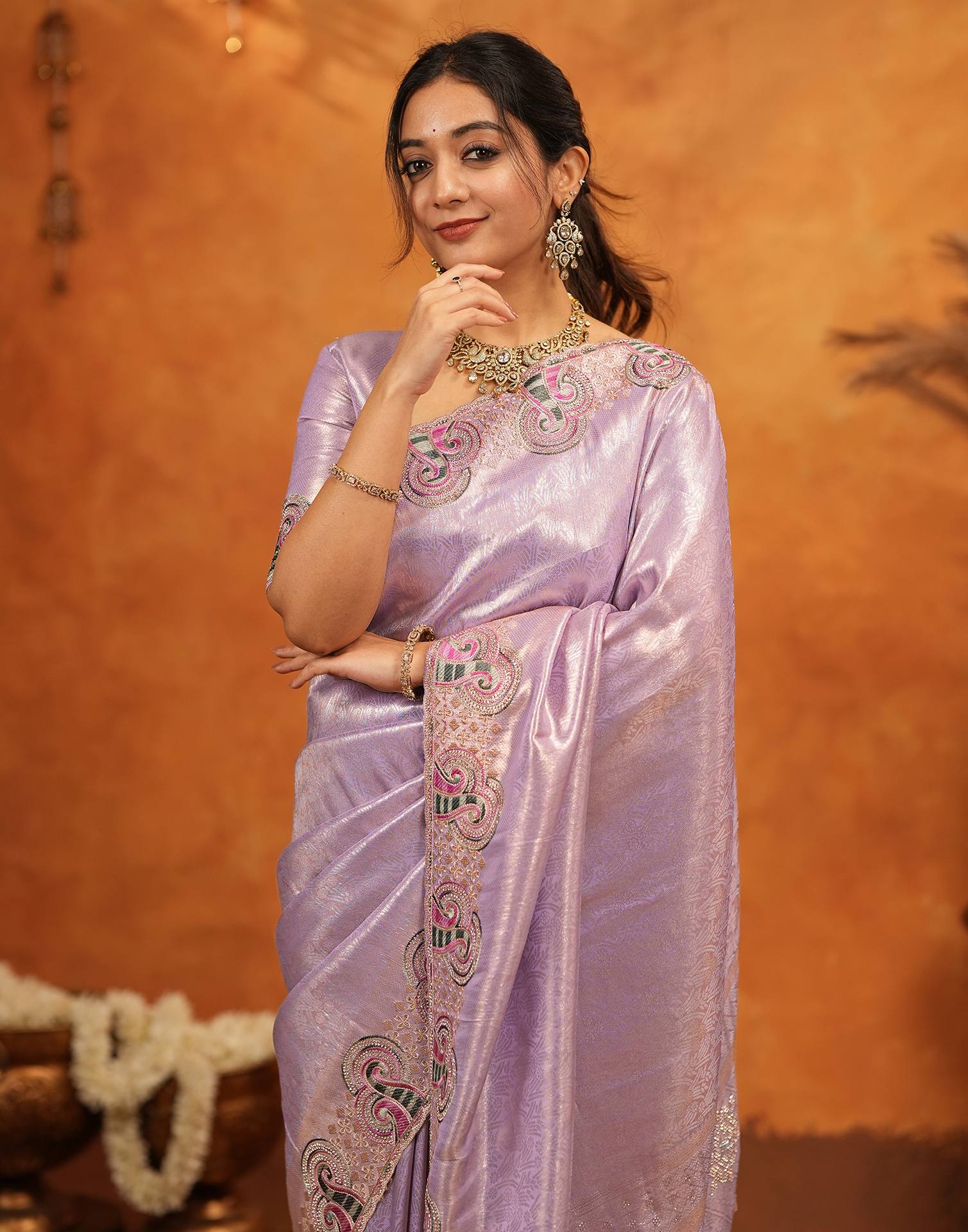 Lavender Silk Woven Embroidery Stone Work Embellished Saree - Image 7
