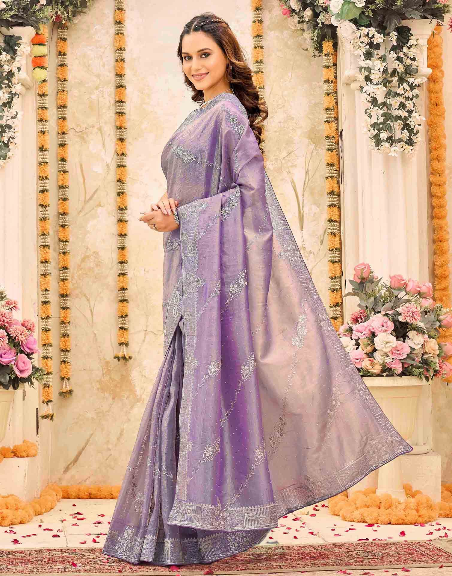 Lavender Tissue Silk Embroidery Embellished Saree - Image 4
