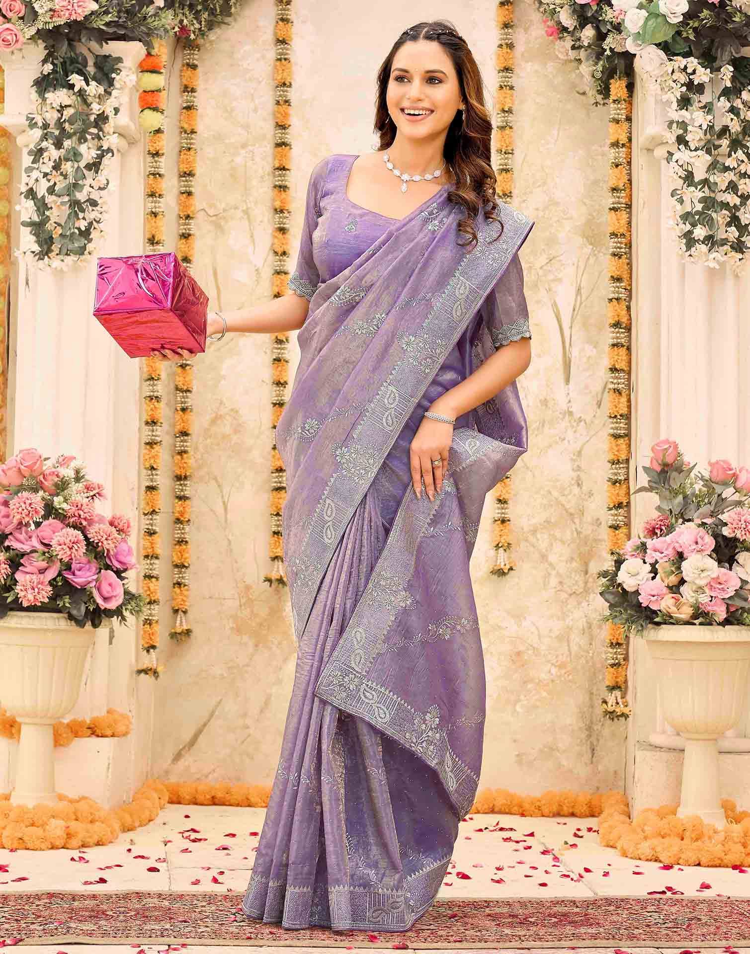 Lavender Tissue Silk Embroidery Embellished Saree - Image 5