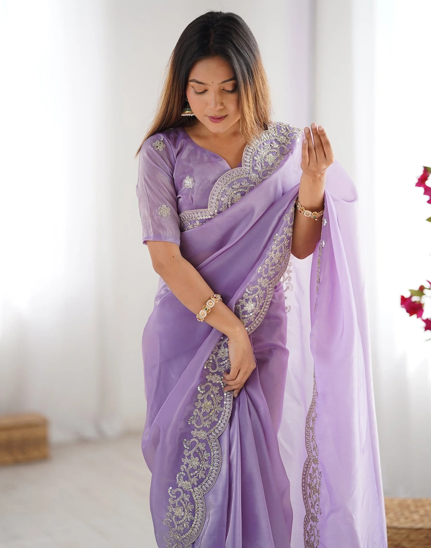 Lavender Tissue Silk Sequence Embroidery Saree - Image 2