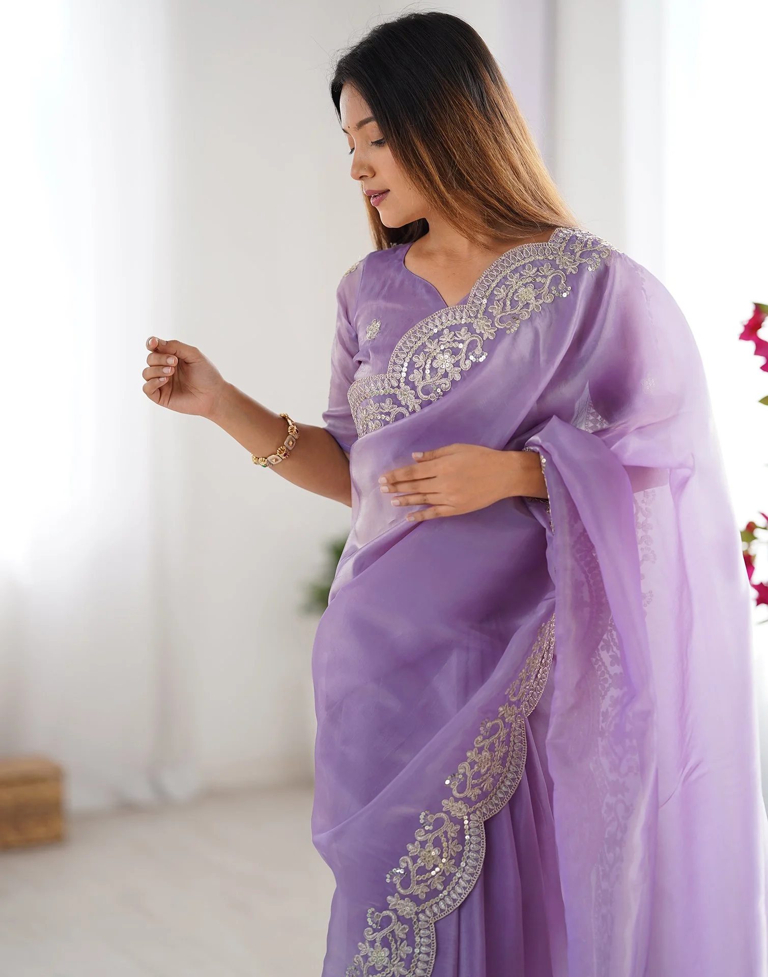 Lavender Tissue Silk Sequence Embroidery Saree - Image 4