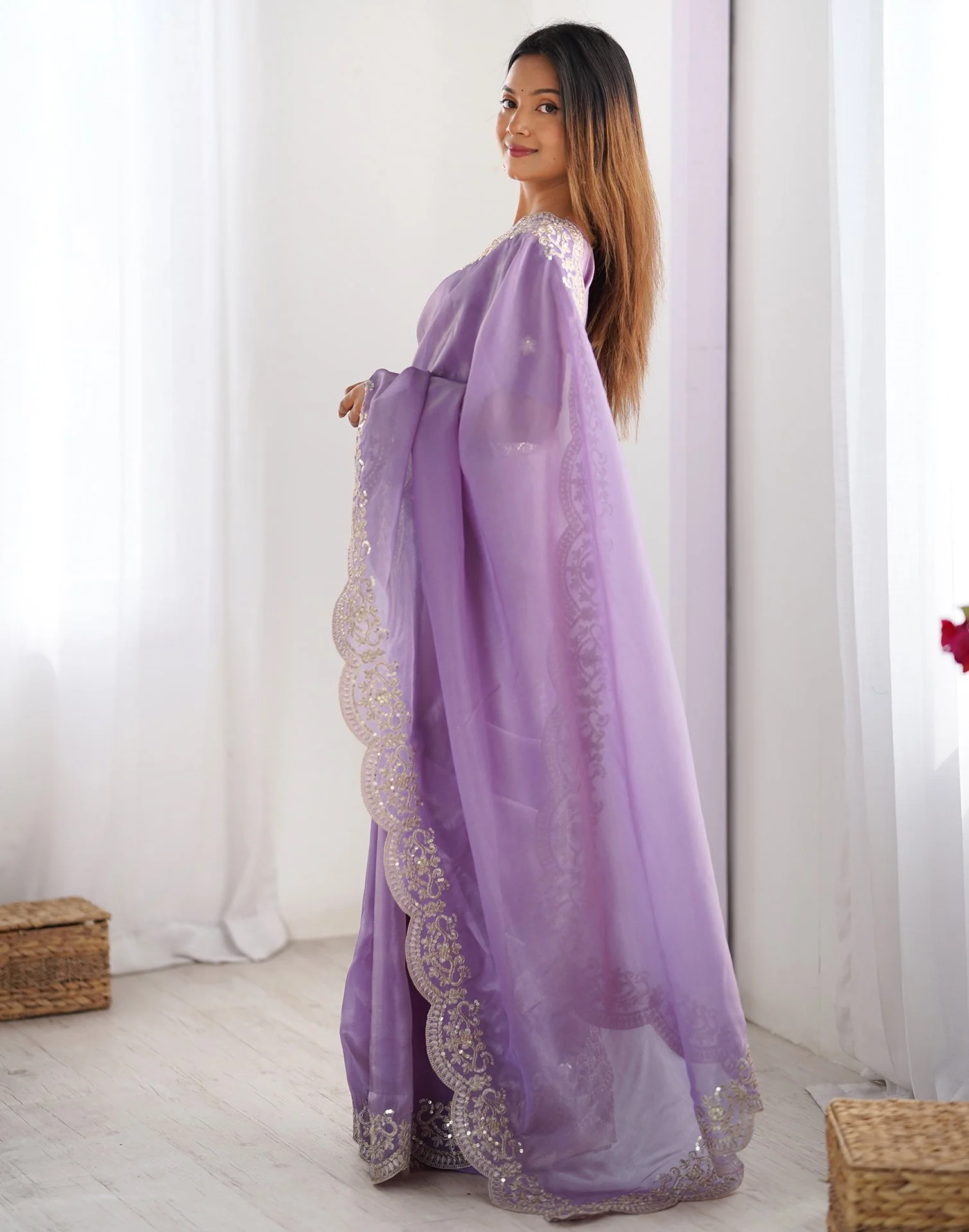 Lavender Tissue Silk Sequence Embroidery Saree - Image 5