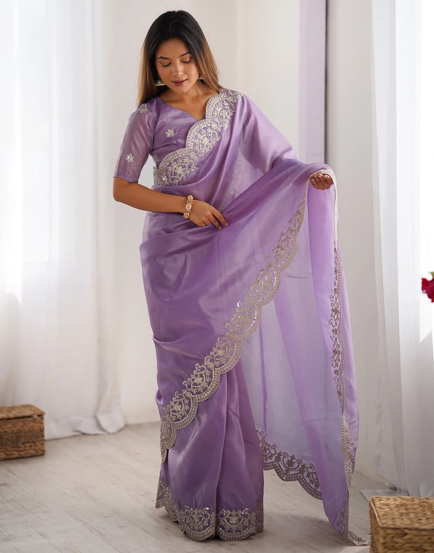 Lavender Tissue Silk Sequence Embroidery Saree - Image 6