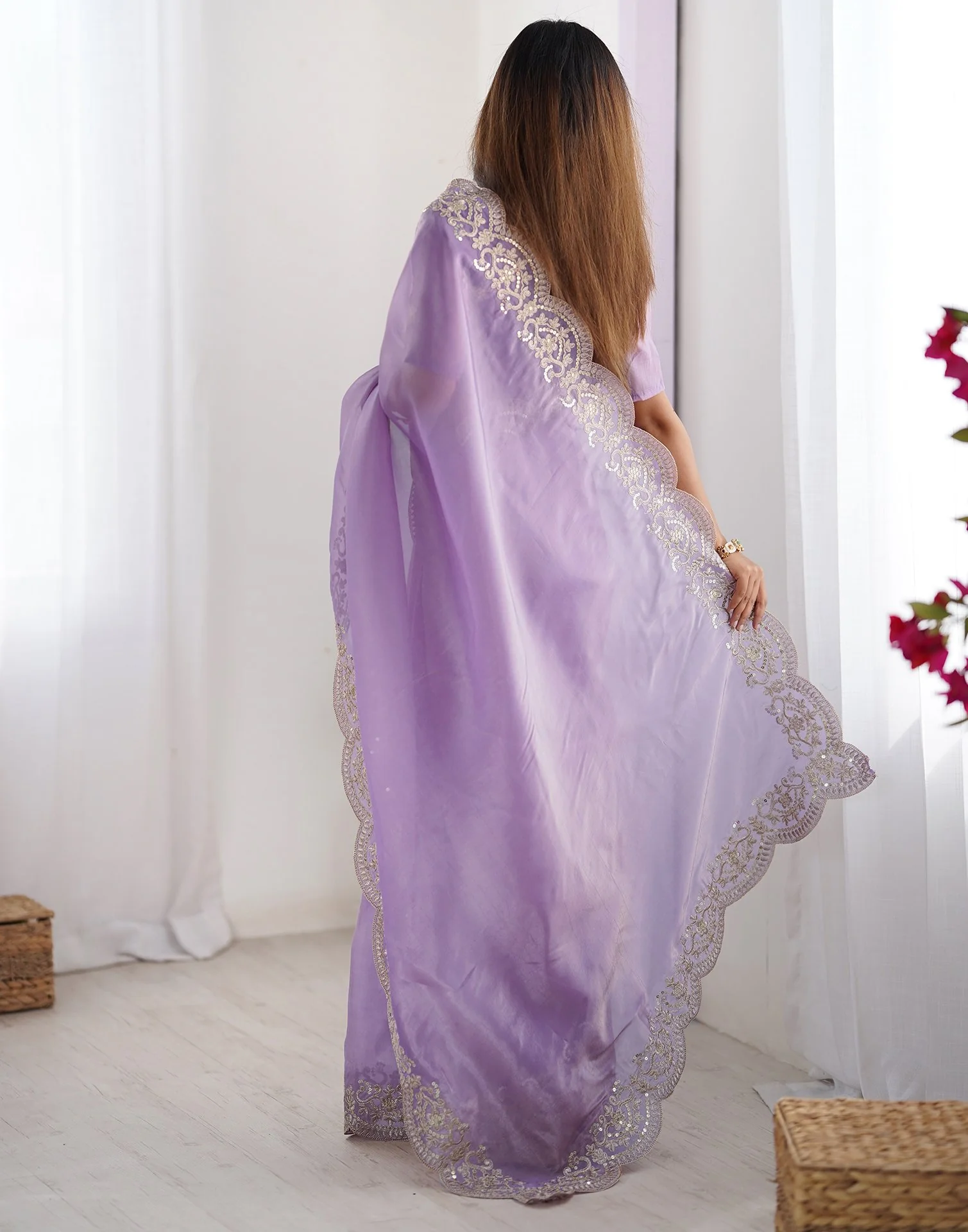 Lavender Tissue Silk Sequence Embroidery Saree - Image 7
