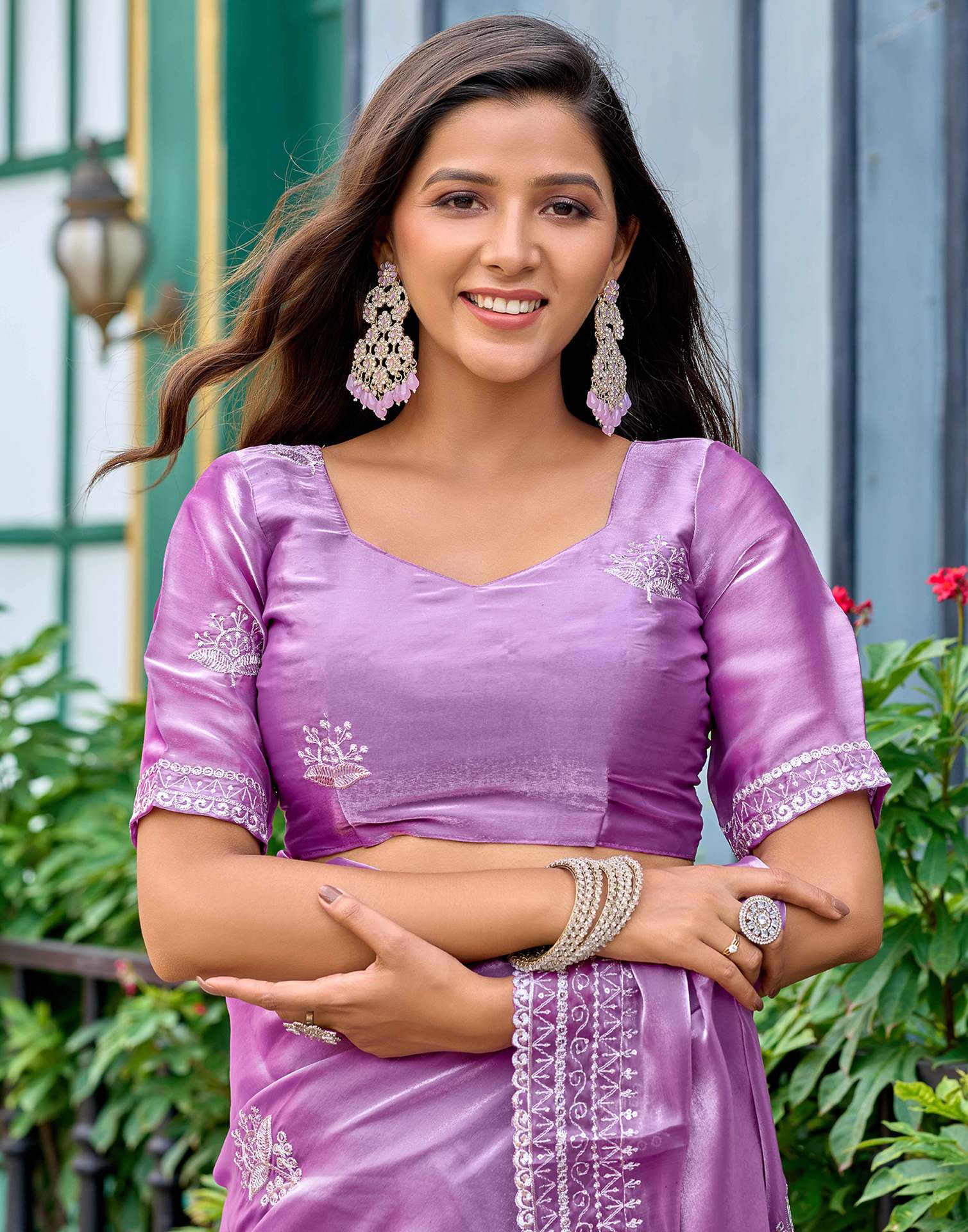 Lavender Tissue Silk Sequence Embroidery Saree - Image 8