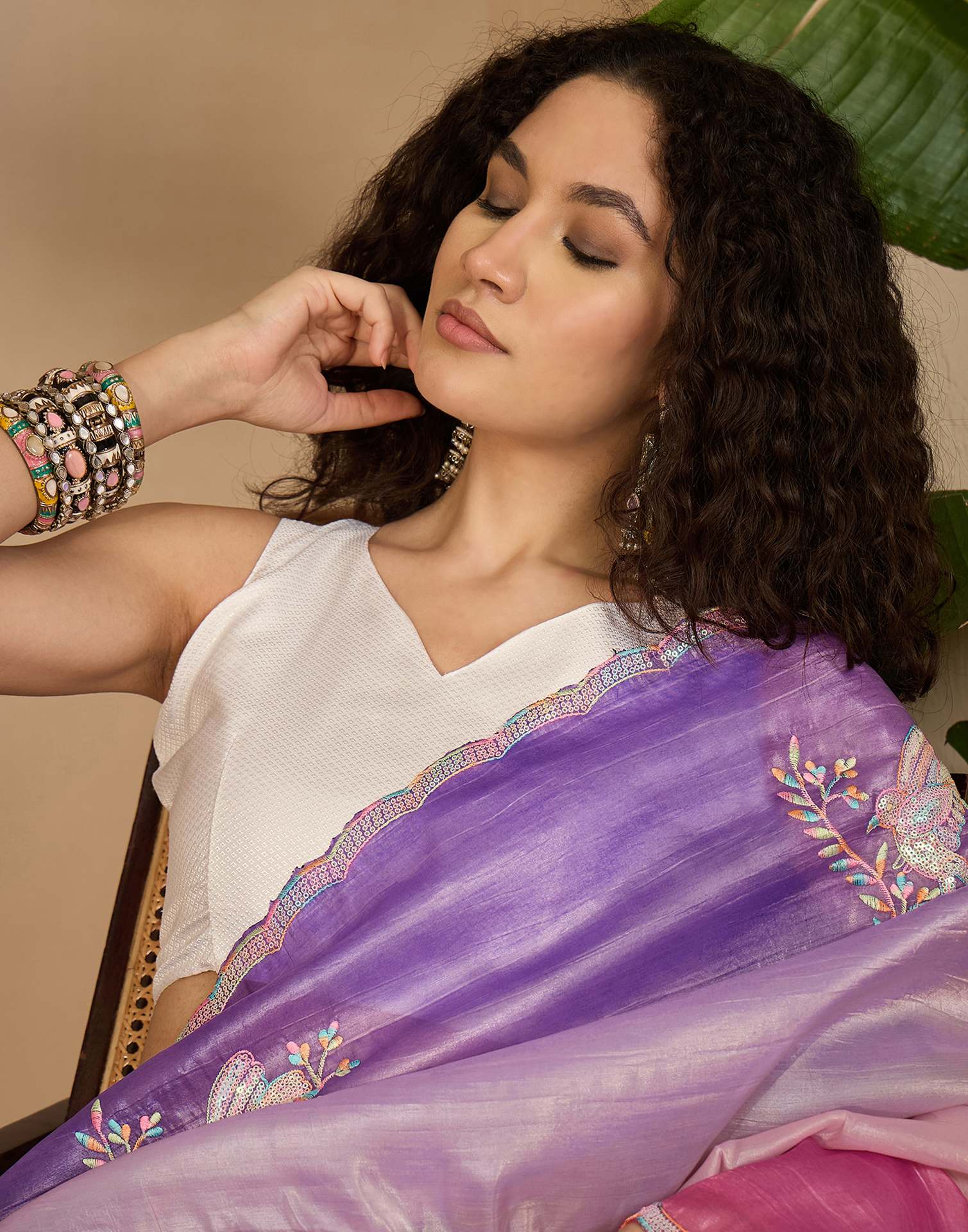 Lavender Tissue Silk Sequence Embroidery Saree - Image 2