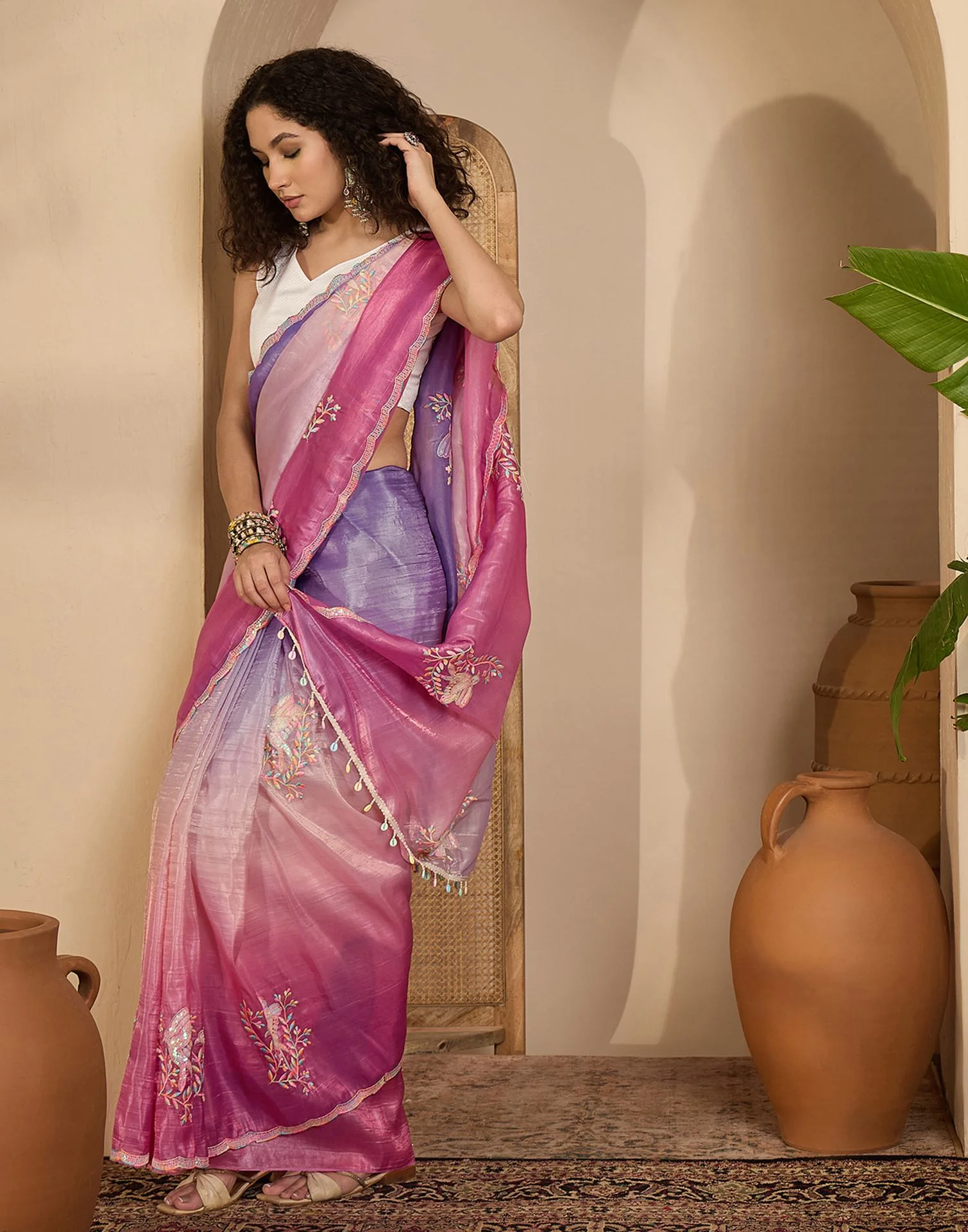 Lavender Tissue Silk Sequence Embroidery Saree - Image 4