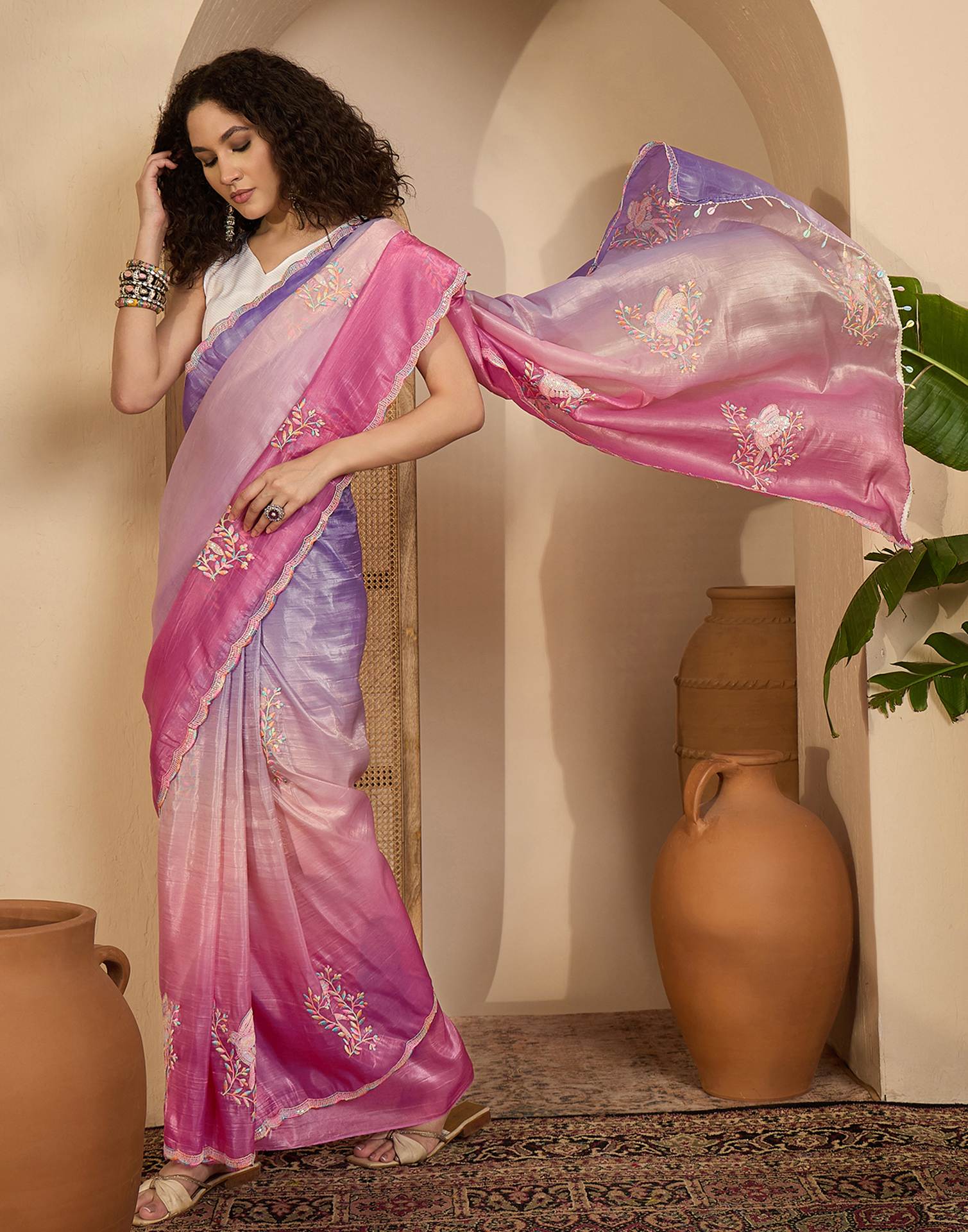 Lavender Tissue Silk Sequence Embroidery Saree - Image 5
