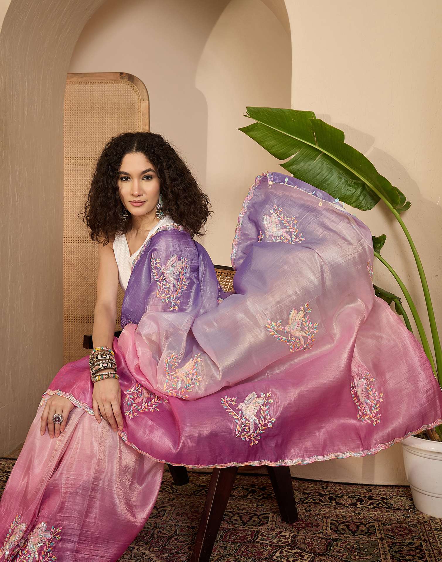 Lavender Tissue Silk Sequence Embroidery Saree - Image 7