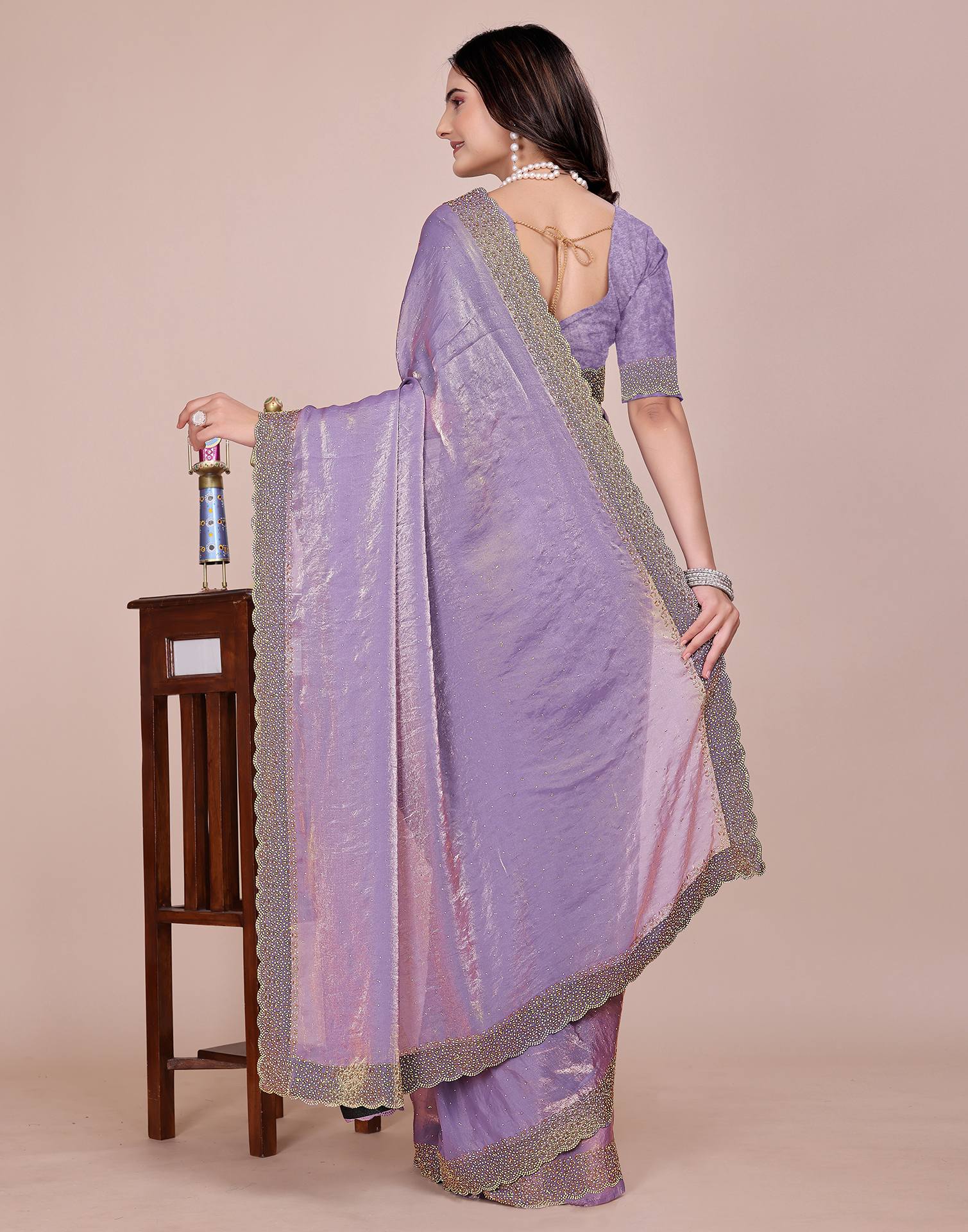 Lavender Tissue Silk Stone Work Swarovski Saree - Image 4