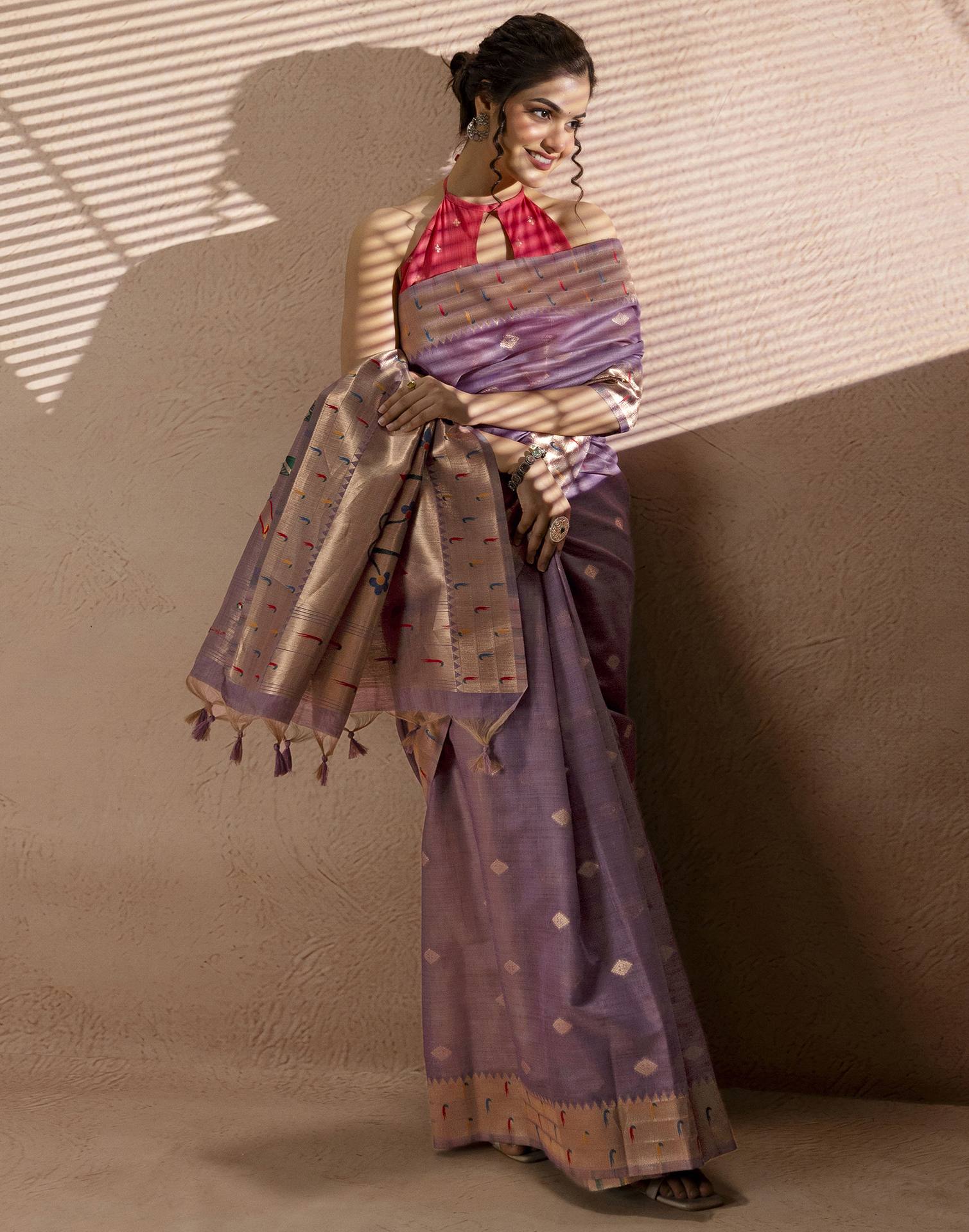 Lavender Chanderi Cotton Woven Paithani Saree - Image 5
