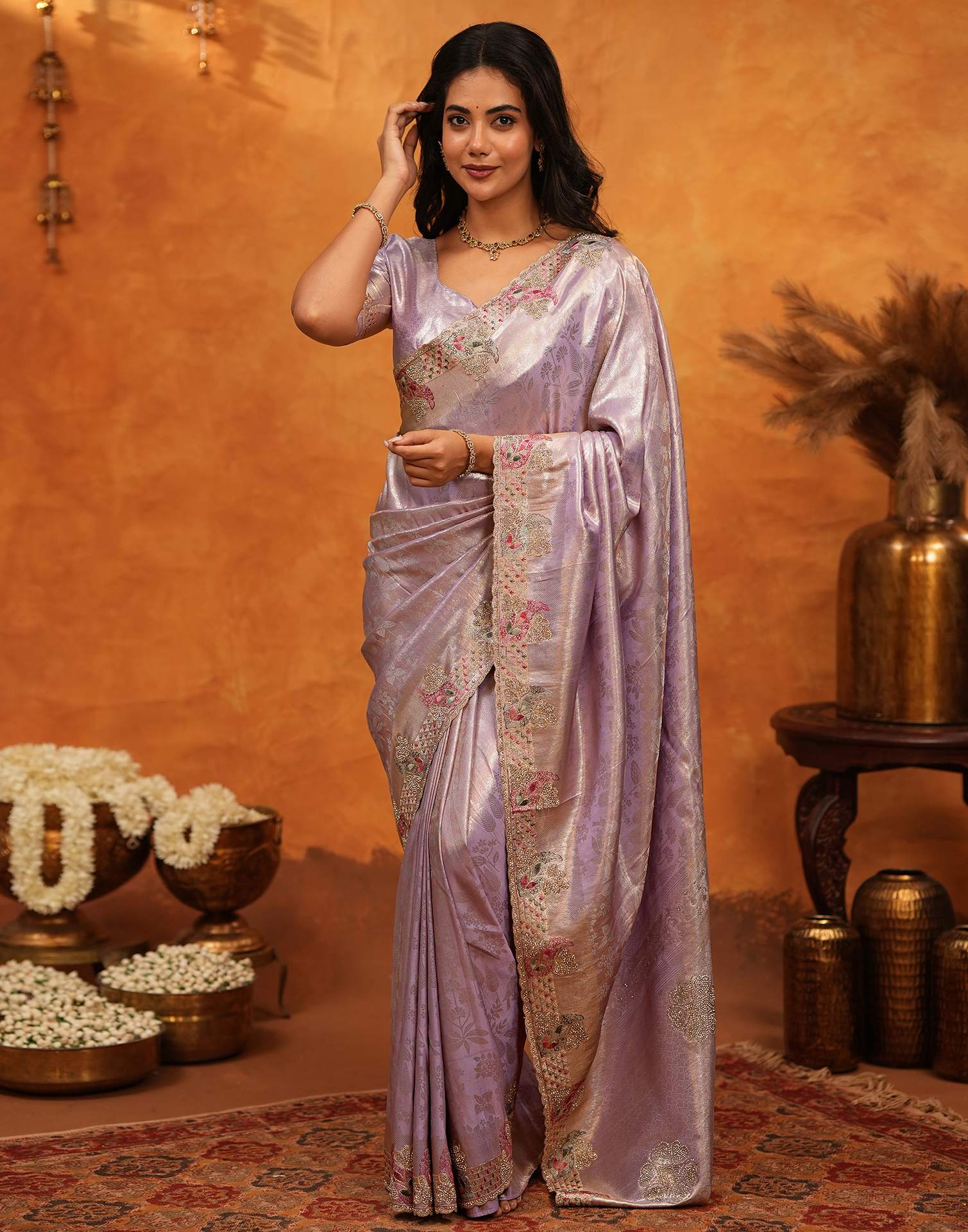 Lavender Silk Woven Embroidery Stone Work Banarasi Saree - Image 8
