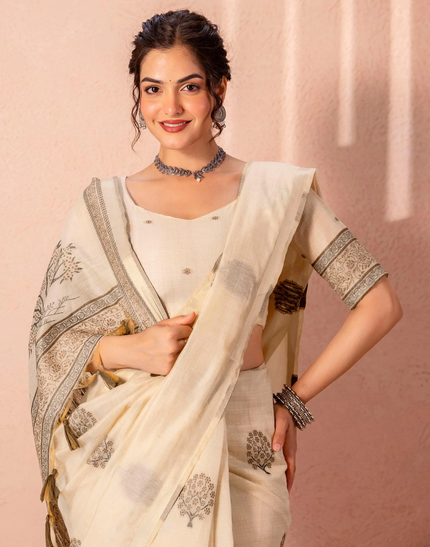 Light Beige Chanderi Cotton Woven Saree - Image 2