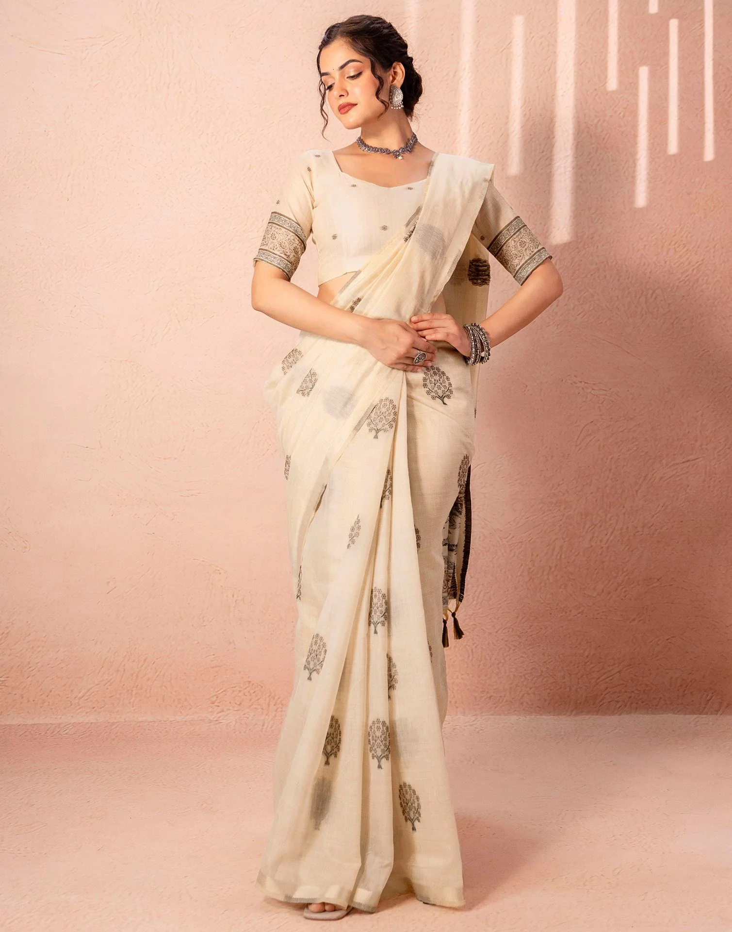 Light Beige Chanderi Cotton Woven Saree - Image 8