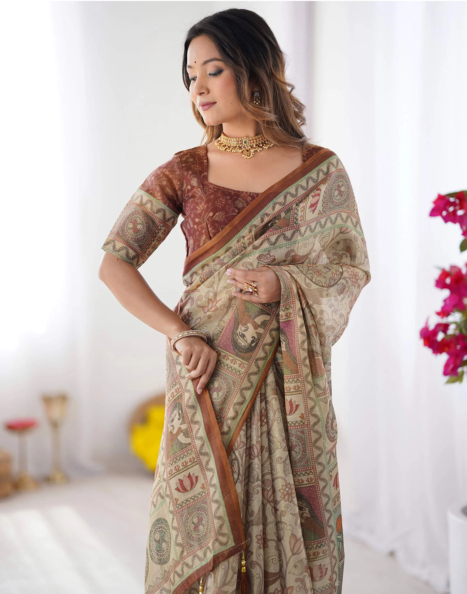 Light Beige Linen Floral Printed Saree - Image 2