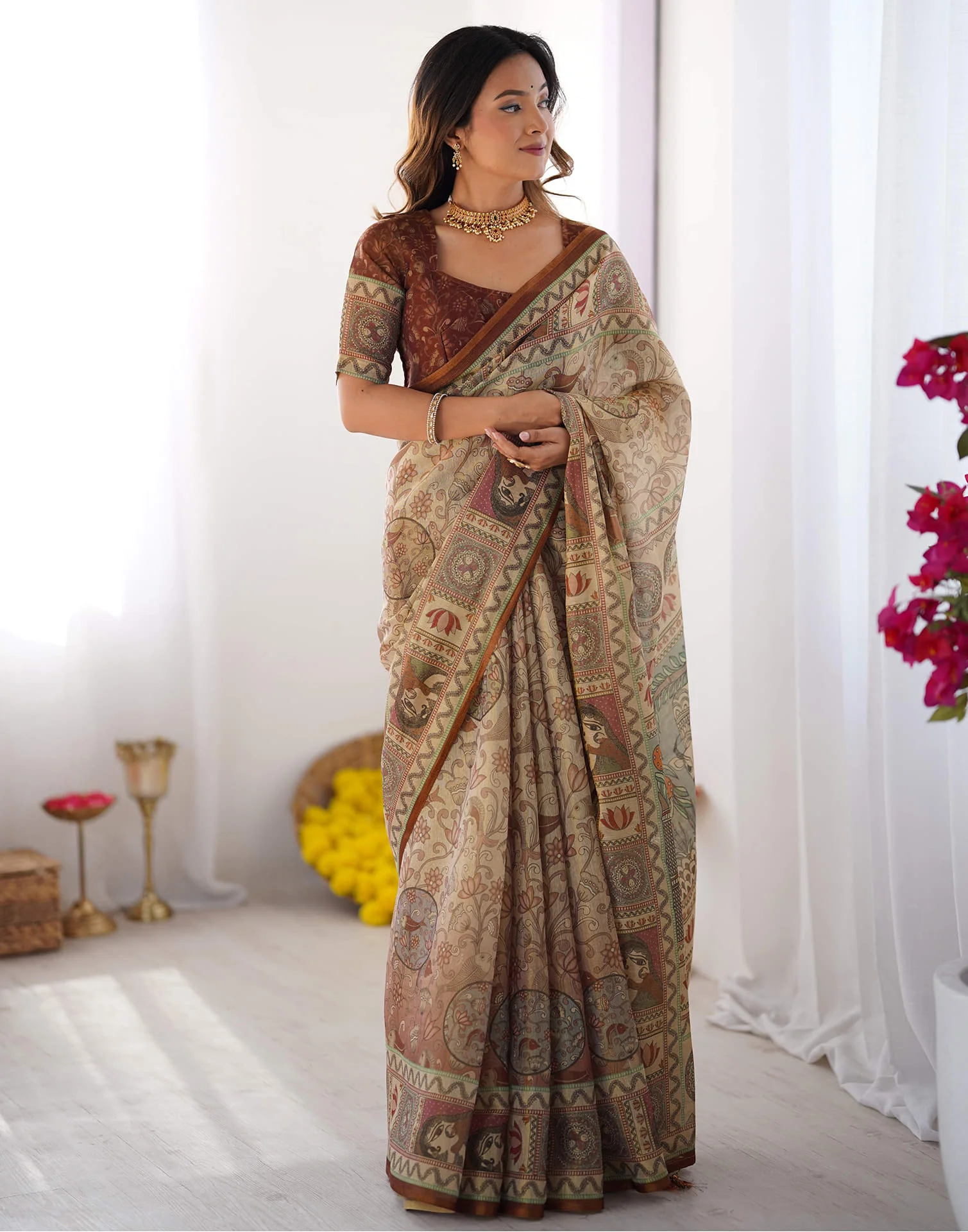 Light Beige Linen Floral Printed Saree - Image 6
