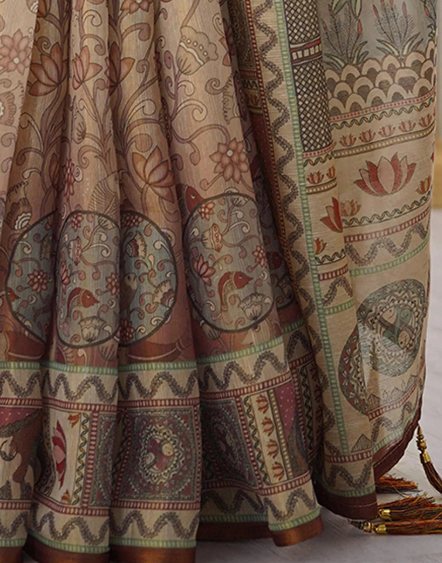 Light Beige Linen Floral Printed Saree - Image 8