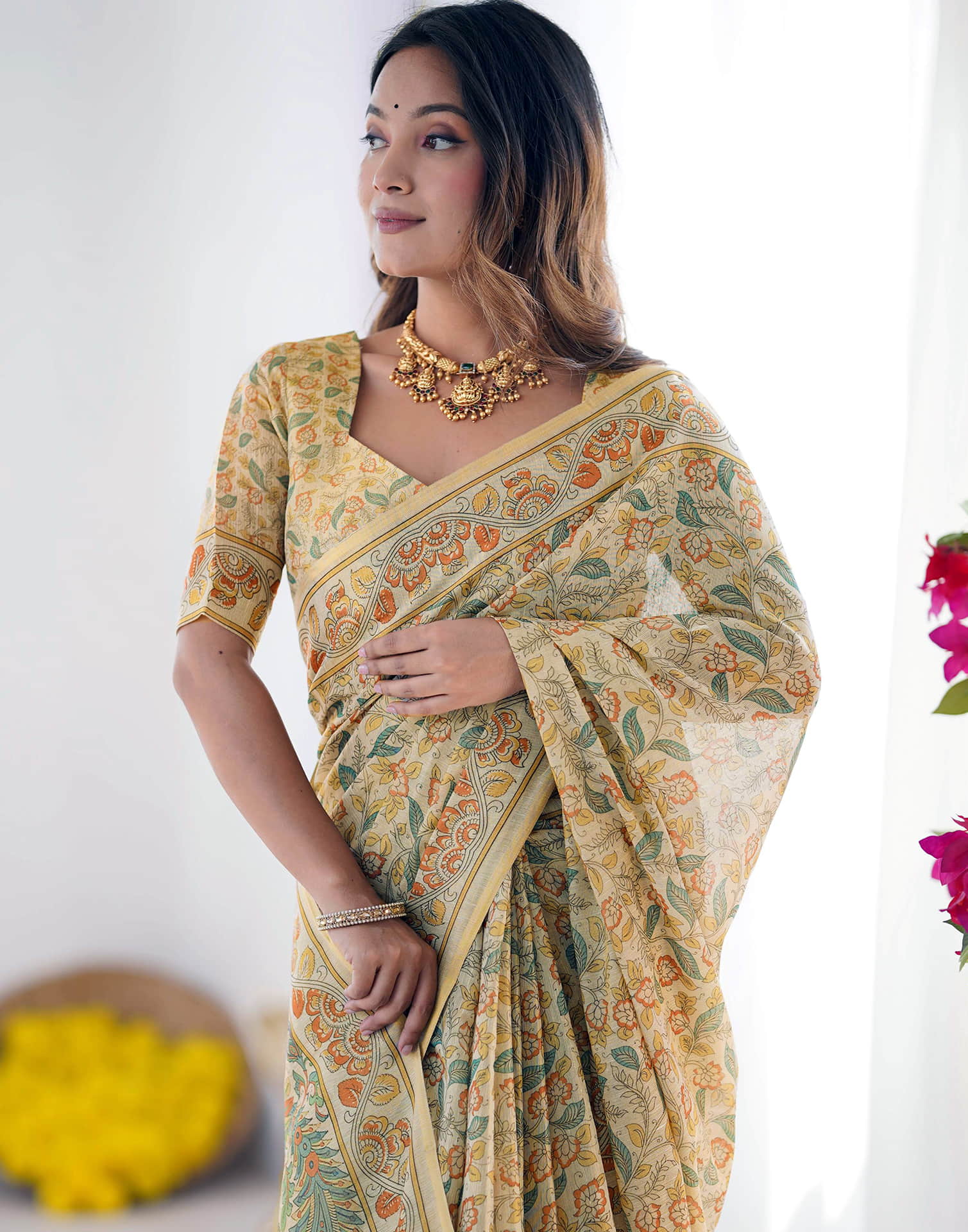 Light Beige Linen Floral Printed Saree - Image 2