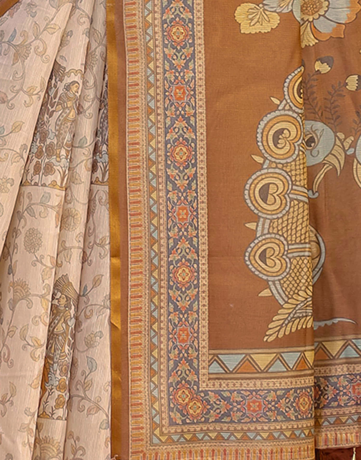 Light Beige Linen Floral Printed Saree - Image 6