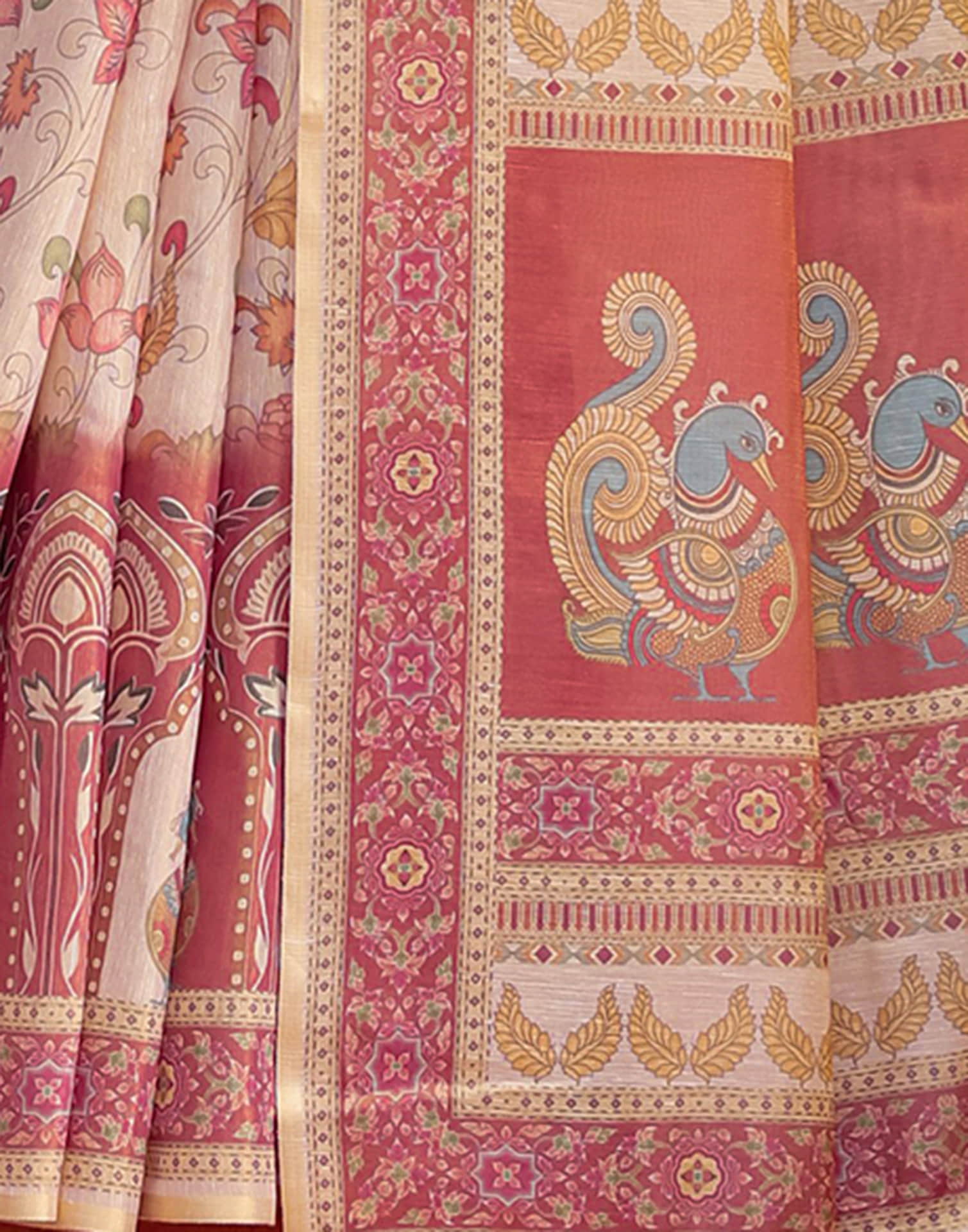 Light Beige Linen Floral Printed Saree - Image 6