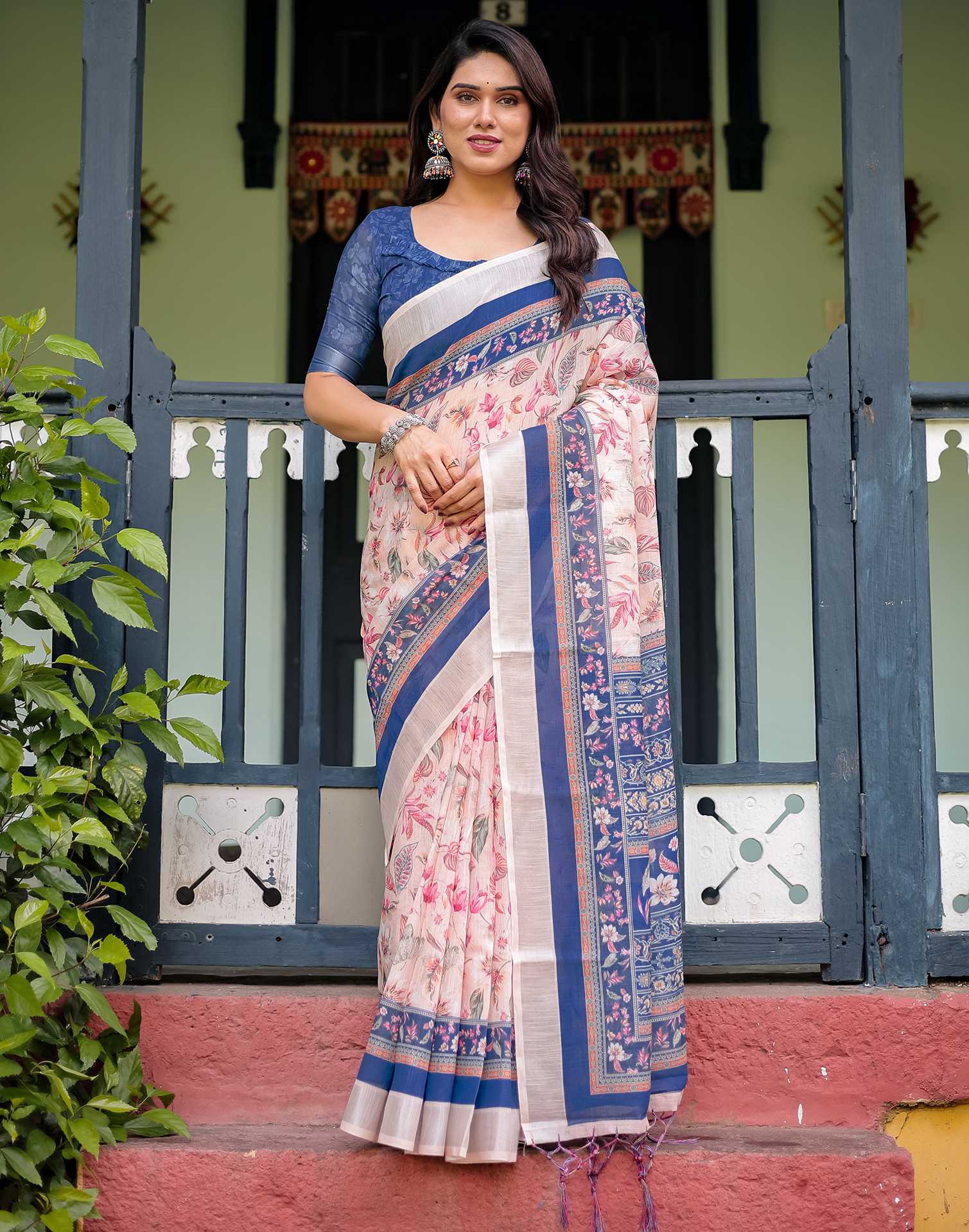 Light Beige Linen Printed Saree