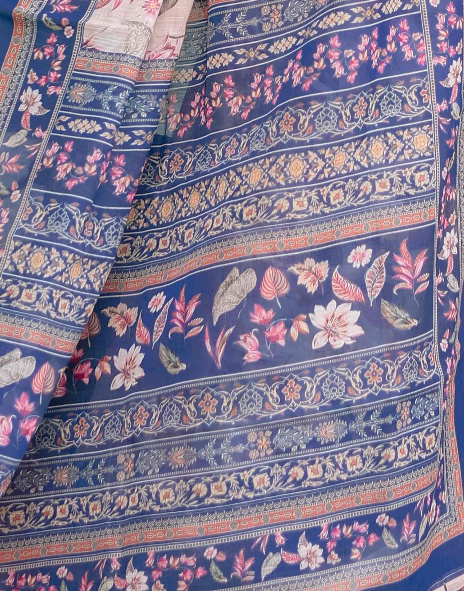 Light Beige Linen Printed Saree - Image 7