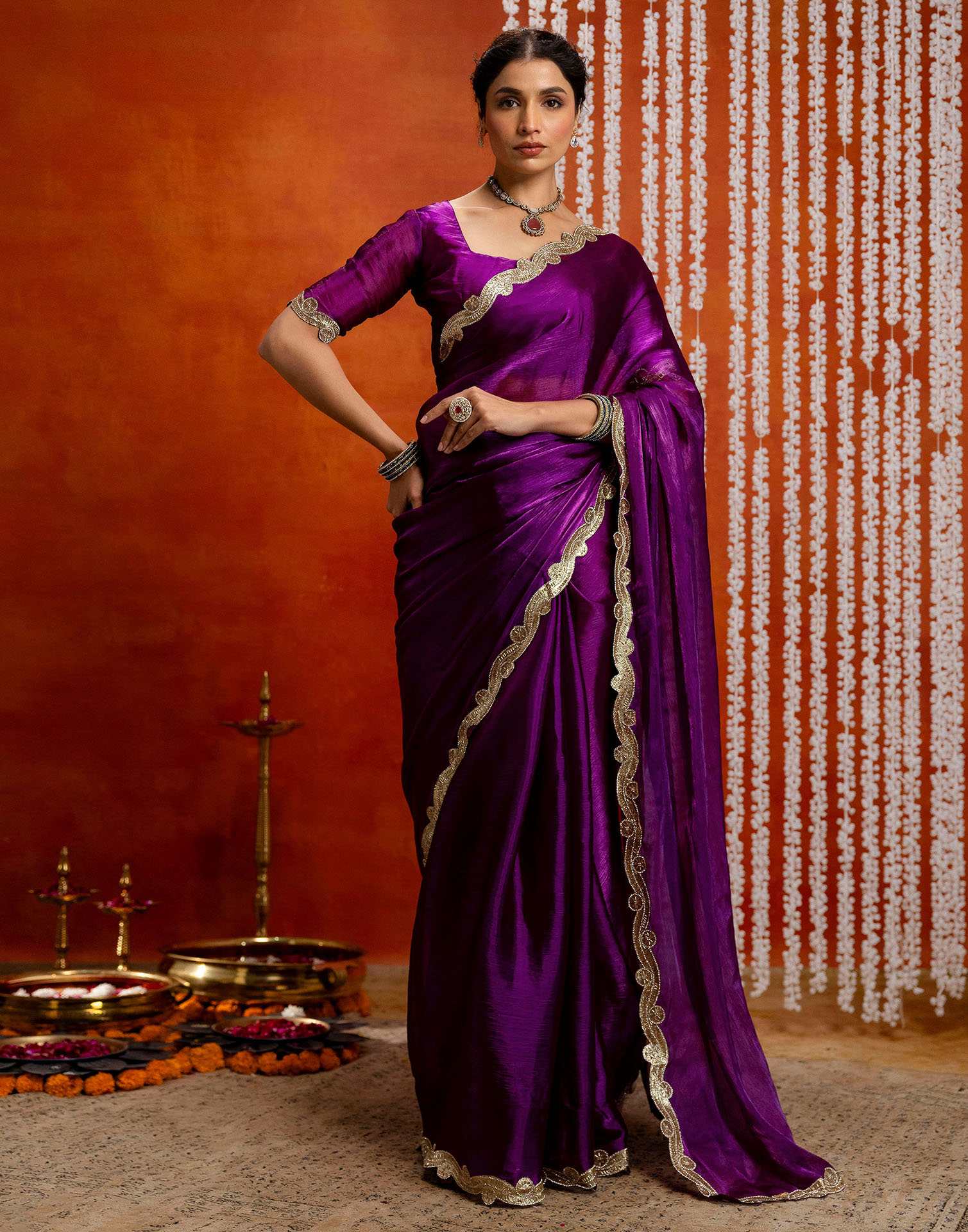 Dark Purple Shimmer Lace Saree
