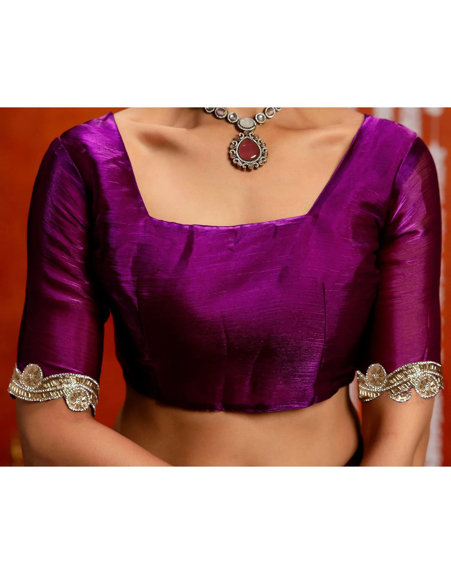 Dark Purple Shimmer Lace Saree - Image 10