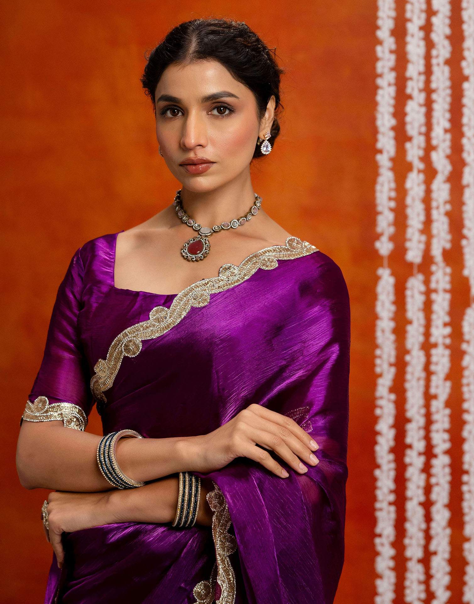Dark Purple Shimmer Lace Saree - Image 4