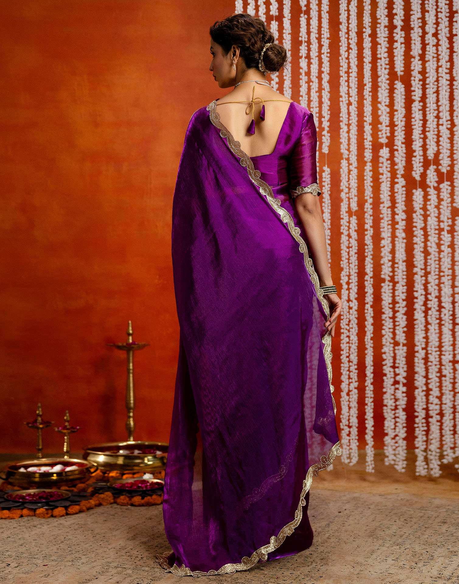 Dark Purple Shimmer Lace Saree - Image 7
