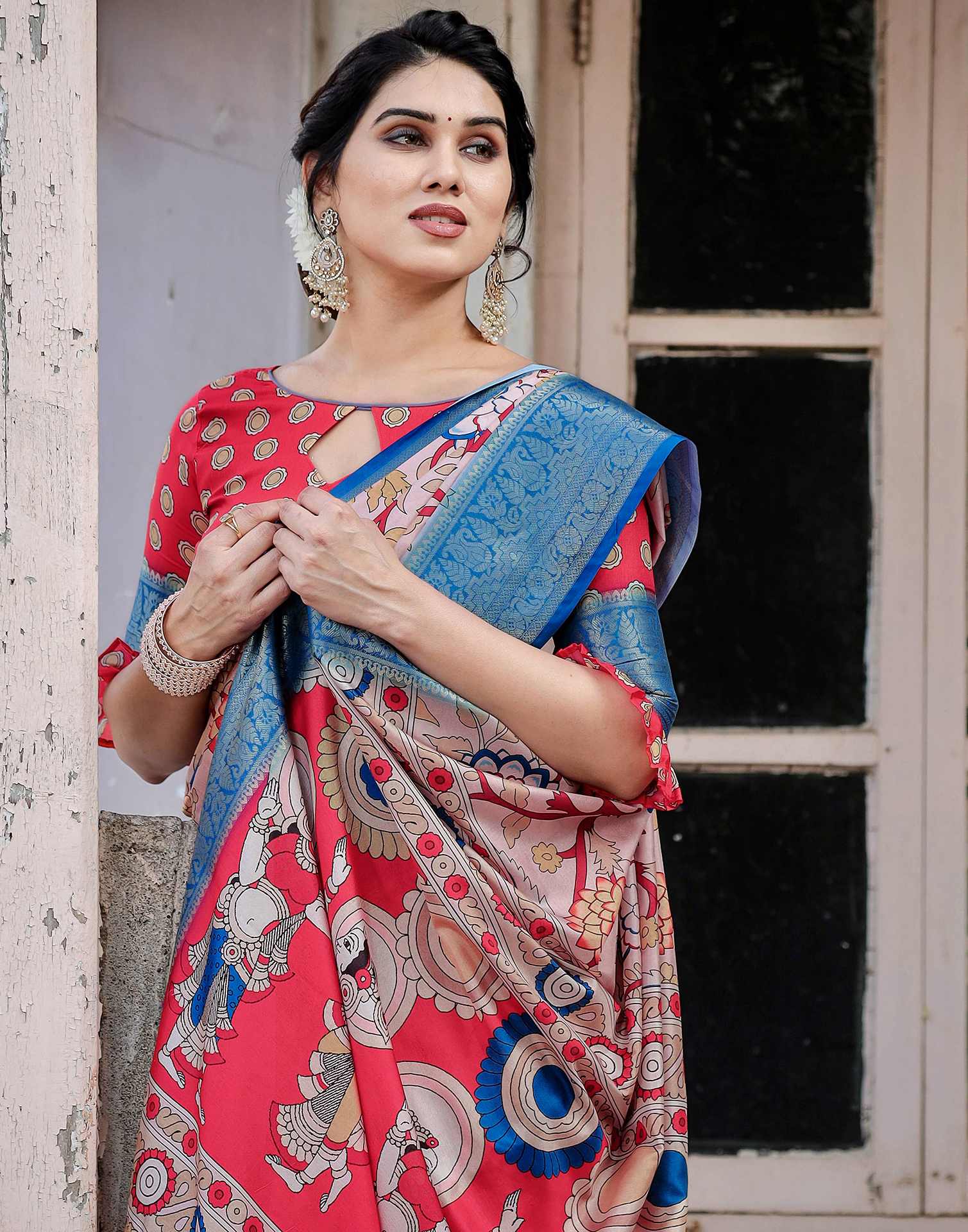Light Beige Tussar Silk Printed Kalamkari Saree - Image 2