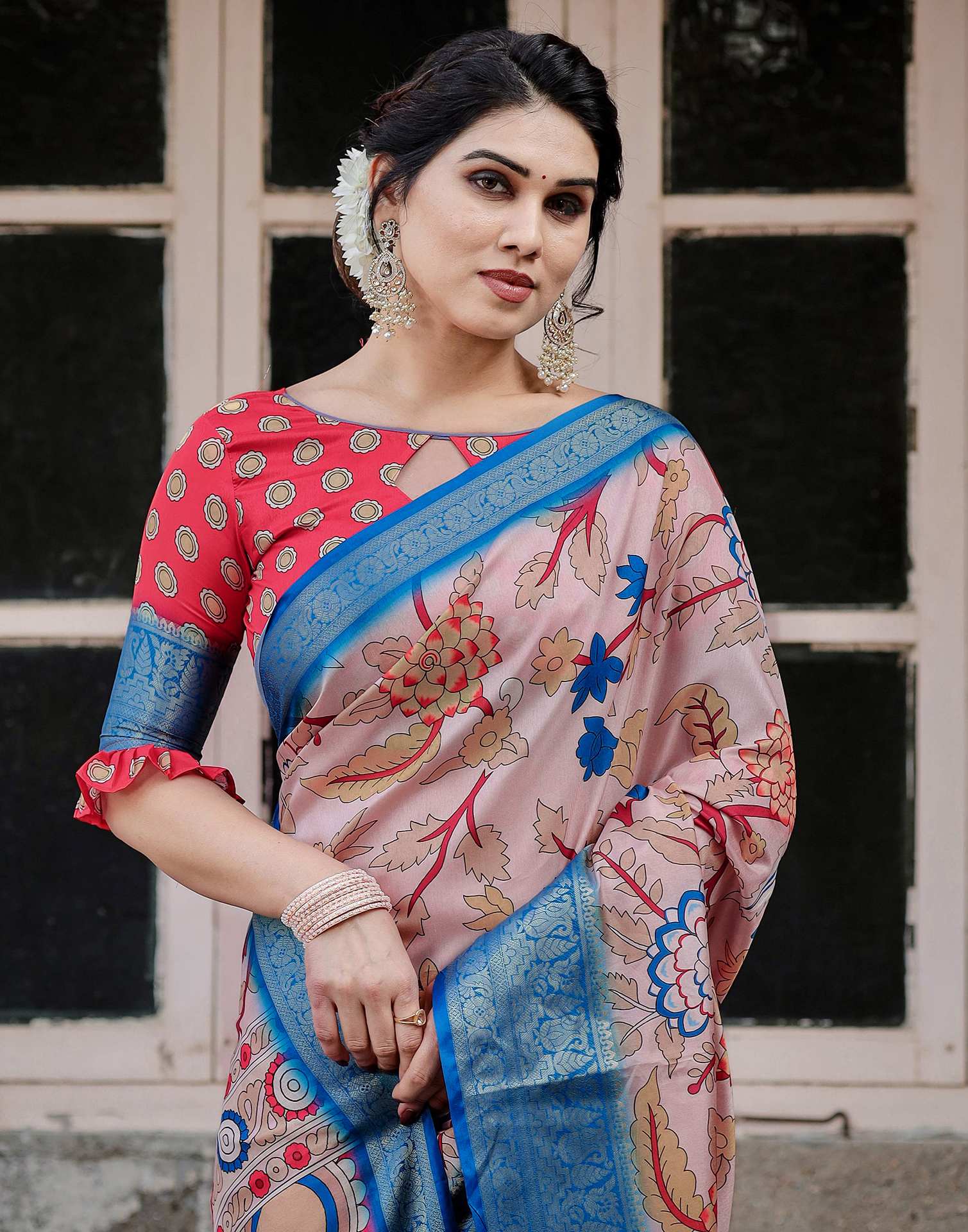 Light Beige Tussar Silk Printed Kalamkari Saree - Image 4