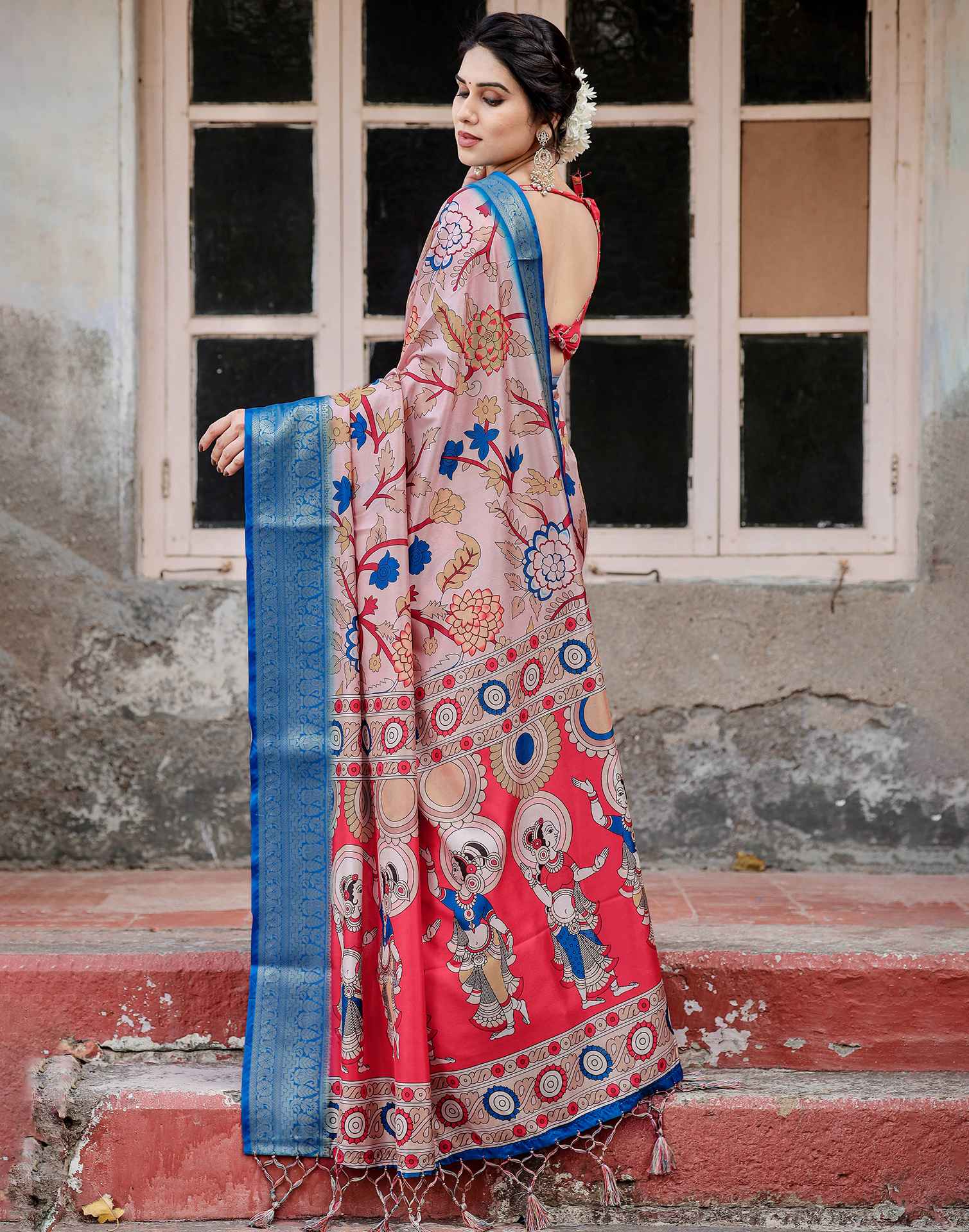 Light Beige Tussar Silk Printed Kalamkari Saree - Image 5