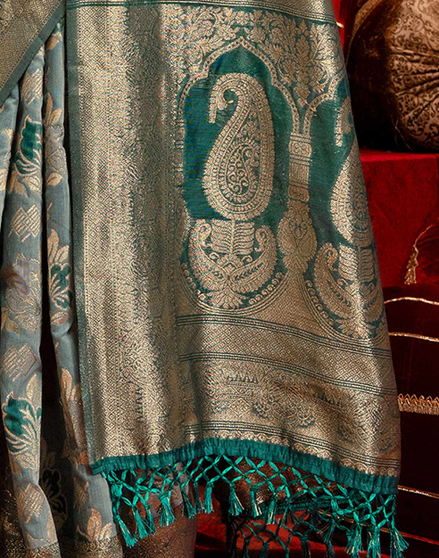 Light Blue Chanderi Cotton Woven Banarasi Saree - Image 11