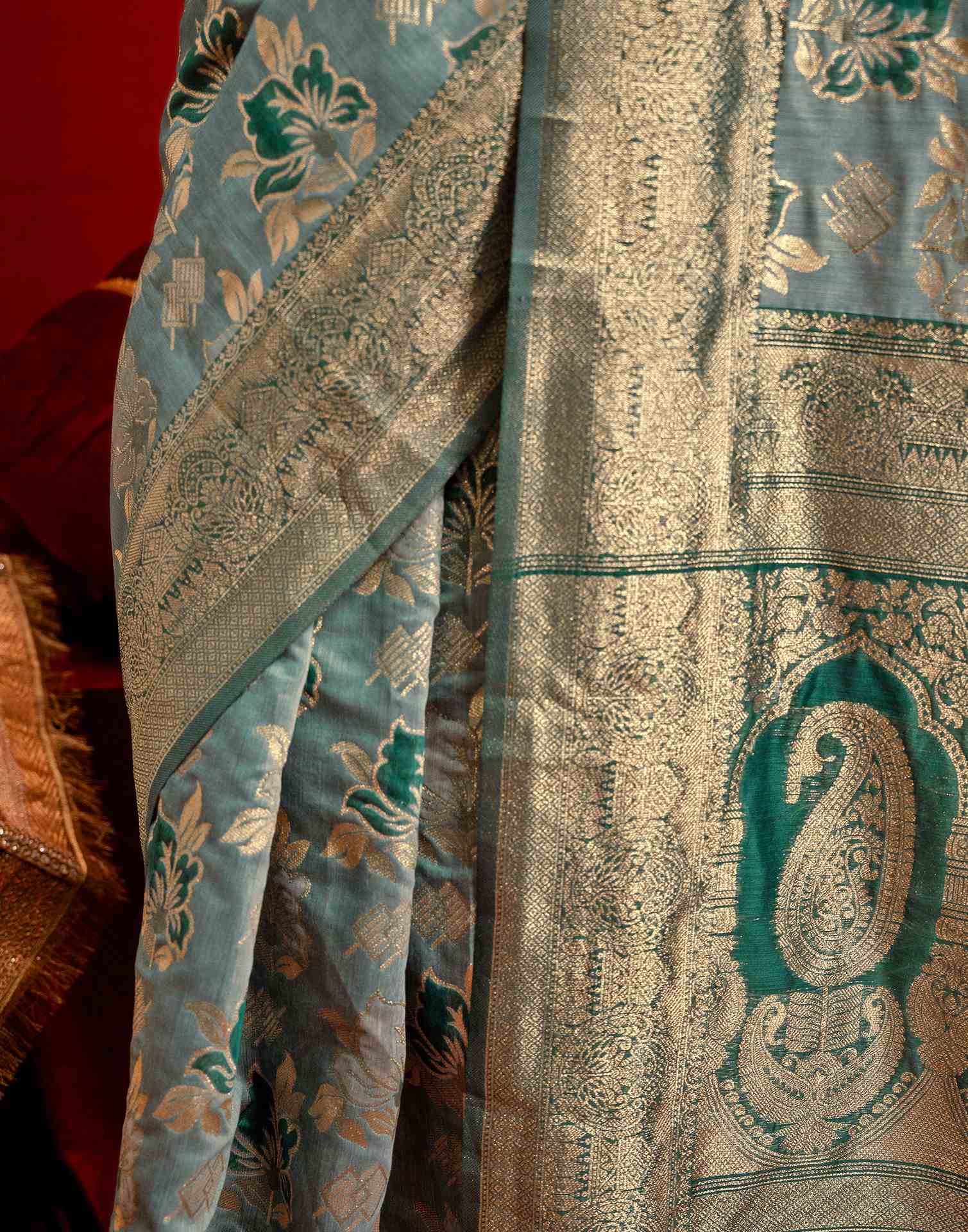 Light Blue Chanderi Cotton Woven Banarasi Saree - Image 12