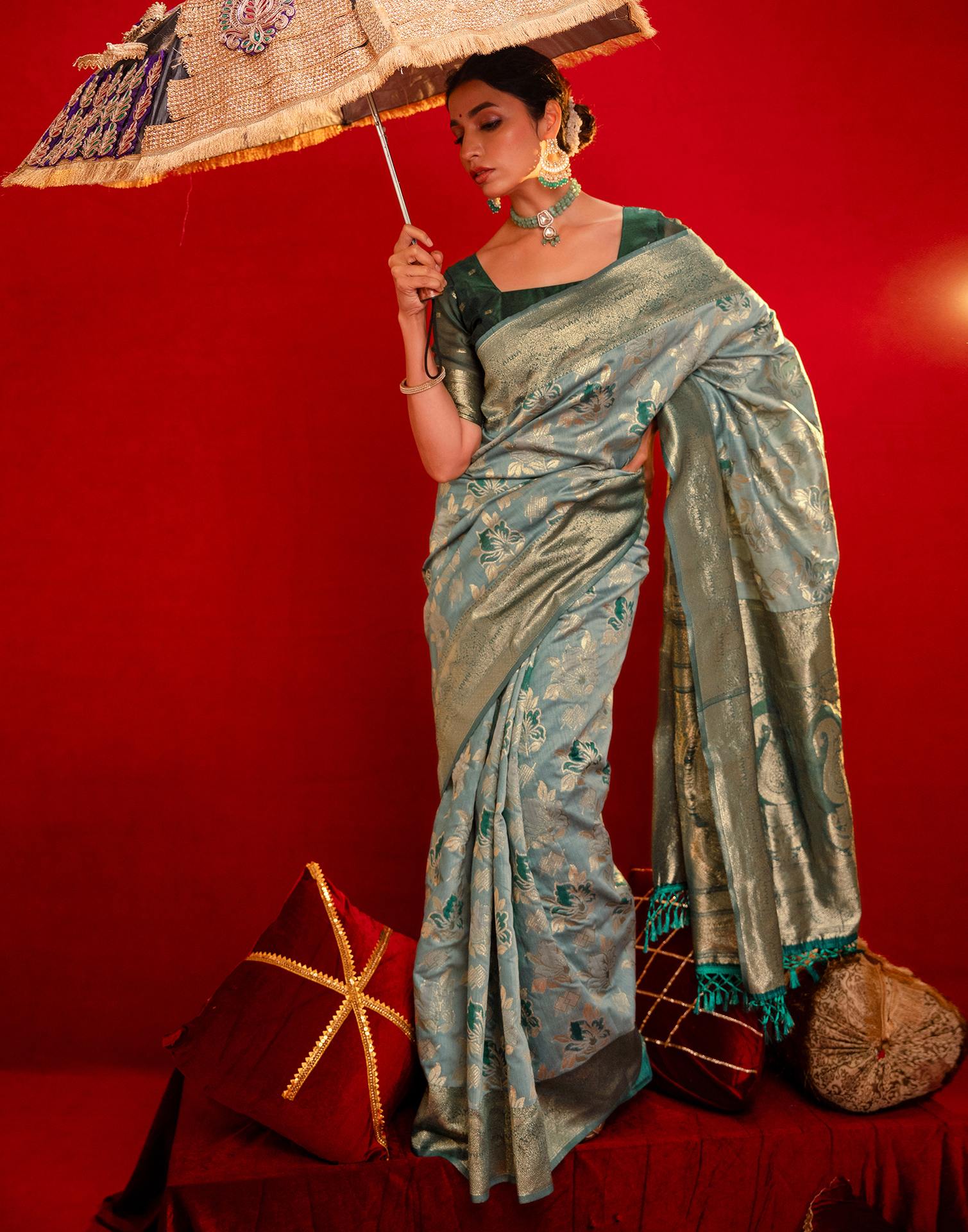 Light Blue Chanderi Cotton Woven Banarasi Saree - Image 4