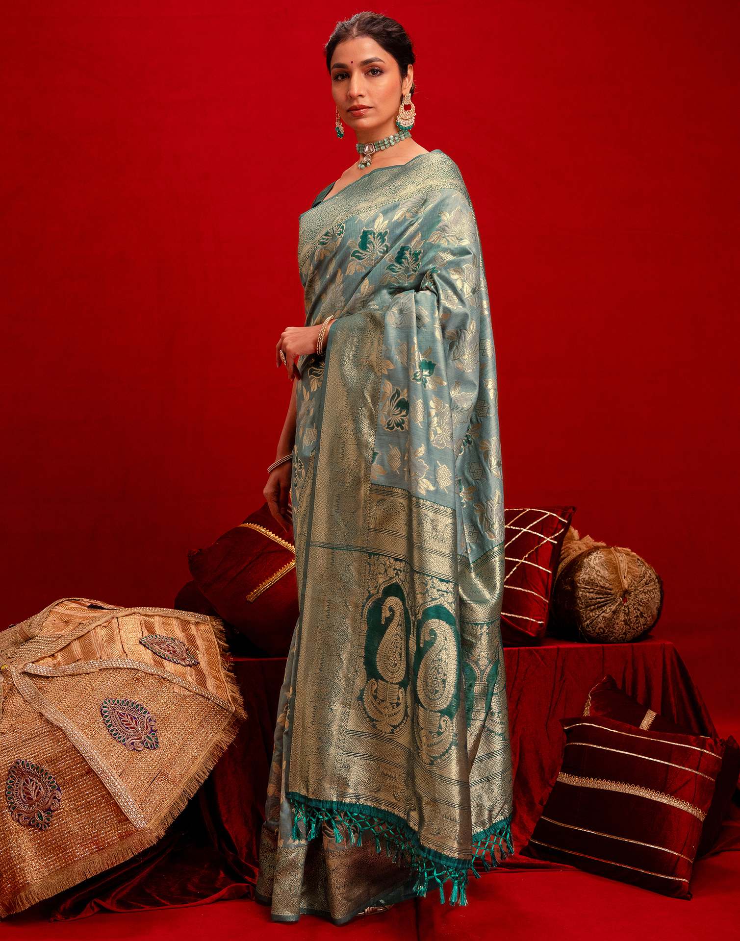 Light Blue Chanderi Cotton Woven Banarasi Saree - Image 5