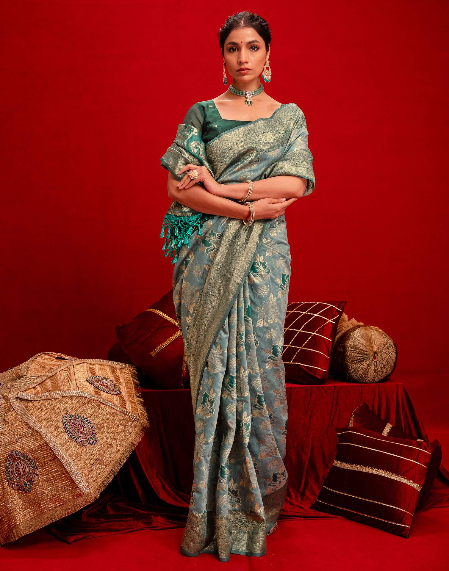 Light Blue Chanderi Cotton Woven Banarasi Saree - Image 6