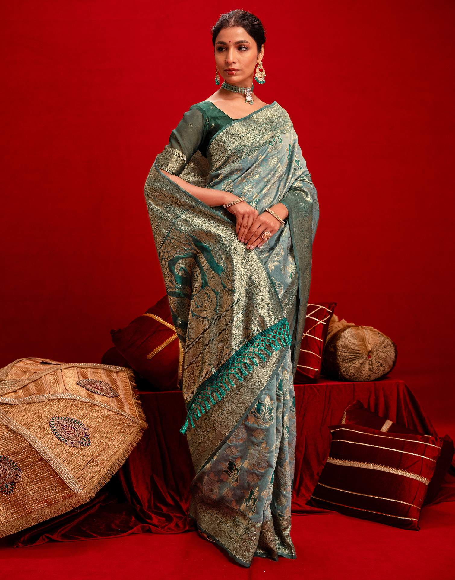 Light Blue Chanderi Cotton Woven Banarasi Saree - Image 8