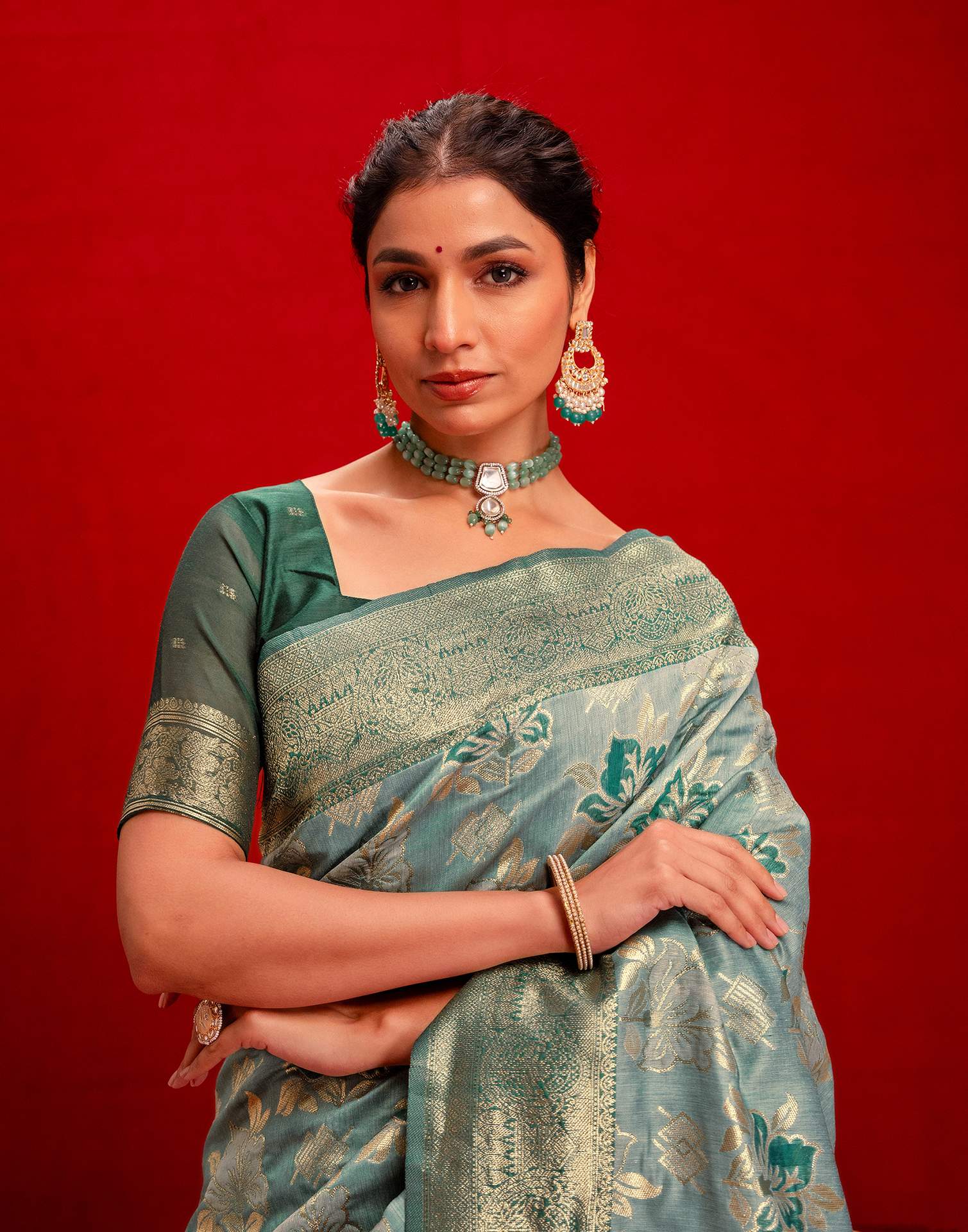 Light Blue Chanderi Cotton Woven Banarasi Saree - Image 9