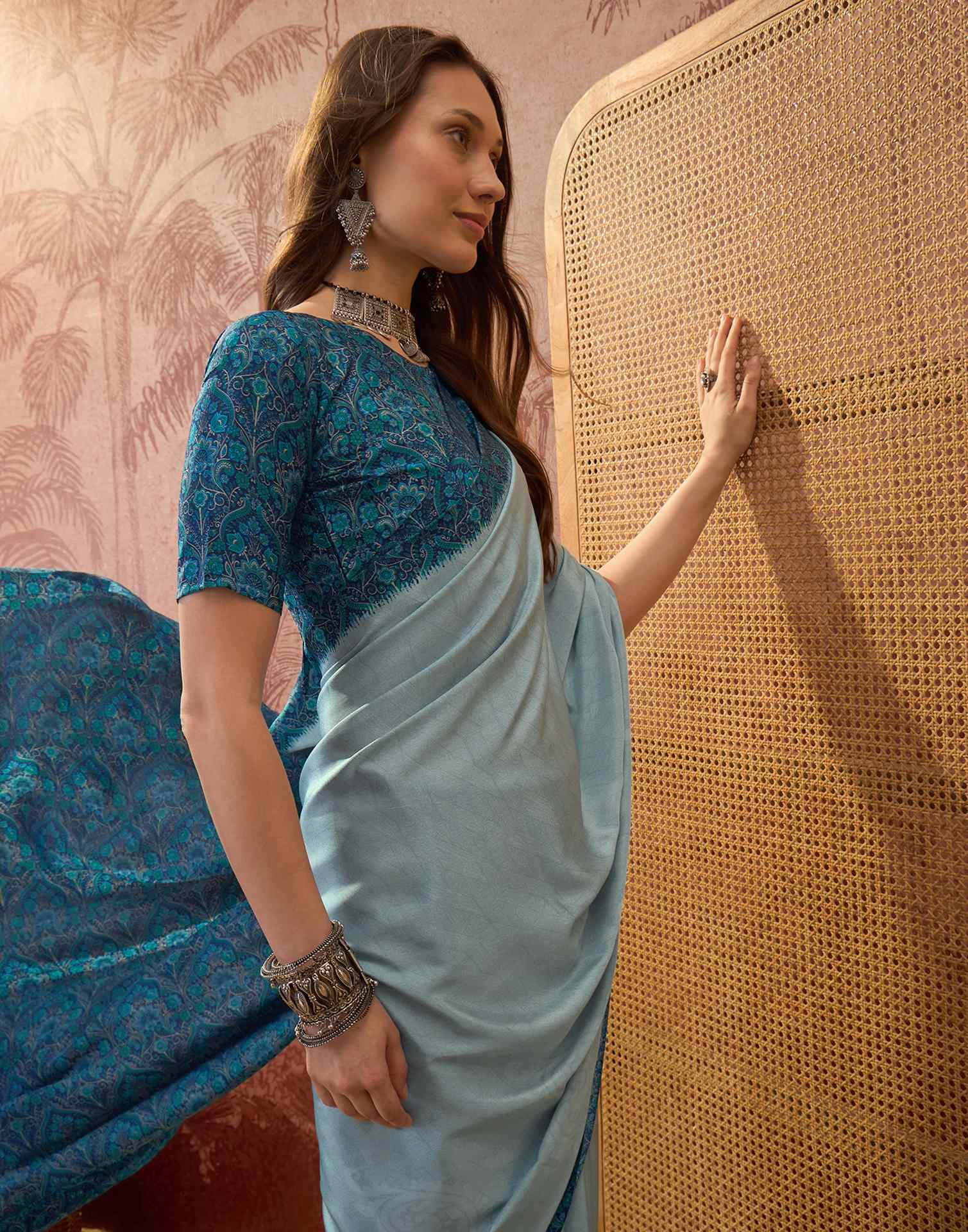 Light Blue Crepe Silk Printed Saree - Image 7