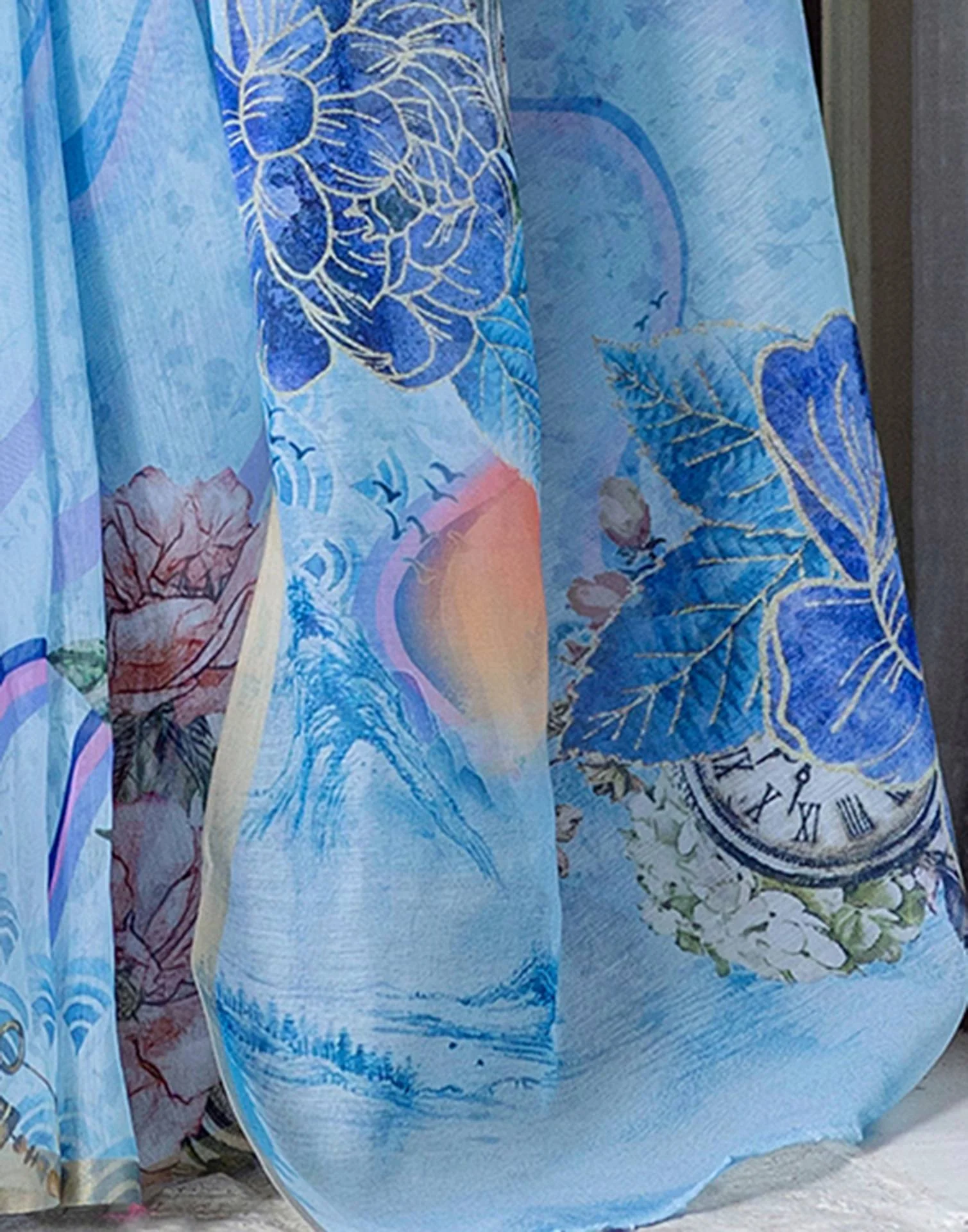 Light Blue Linen Floral Printed Saree - Image 11