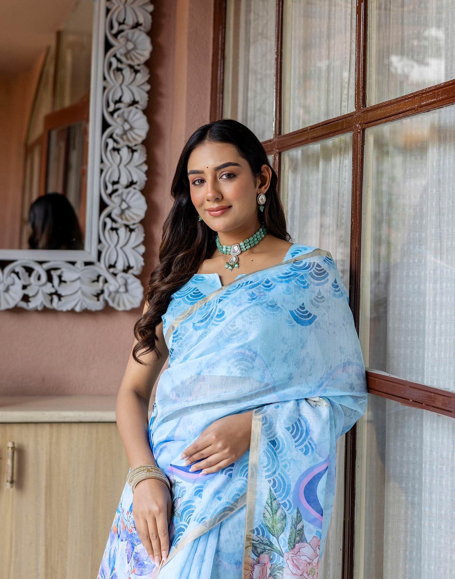 Light Blue Linen Floral Printed Saree - Image 2