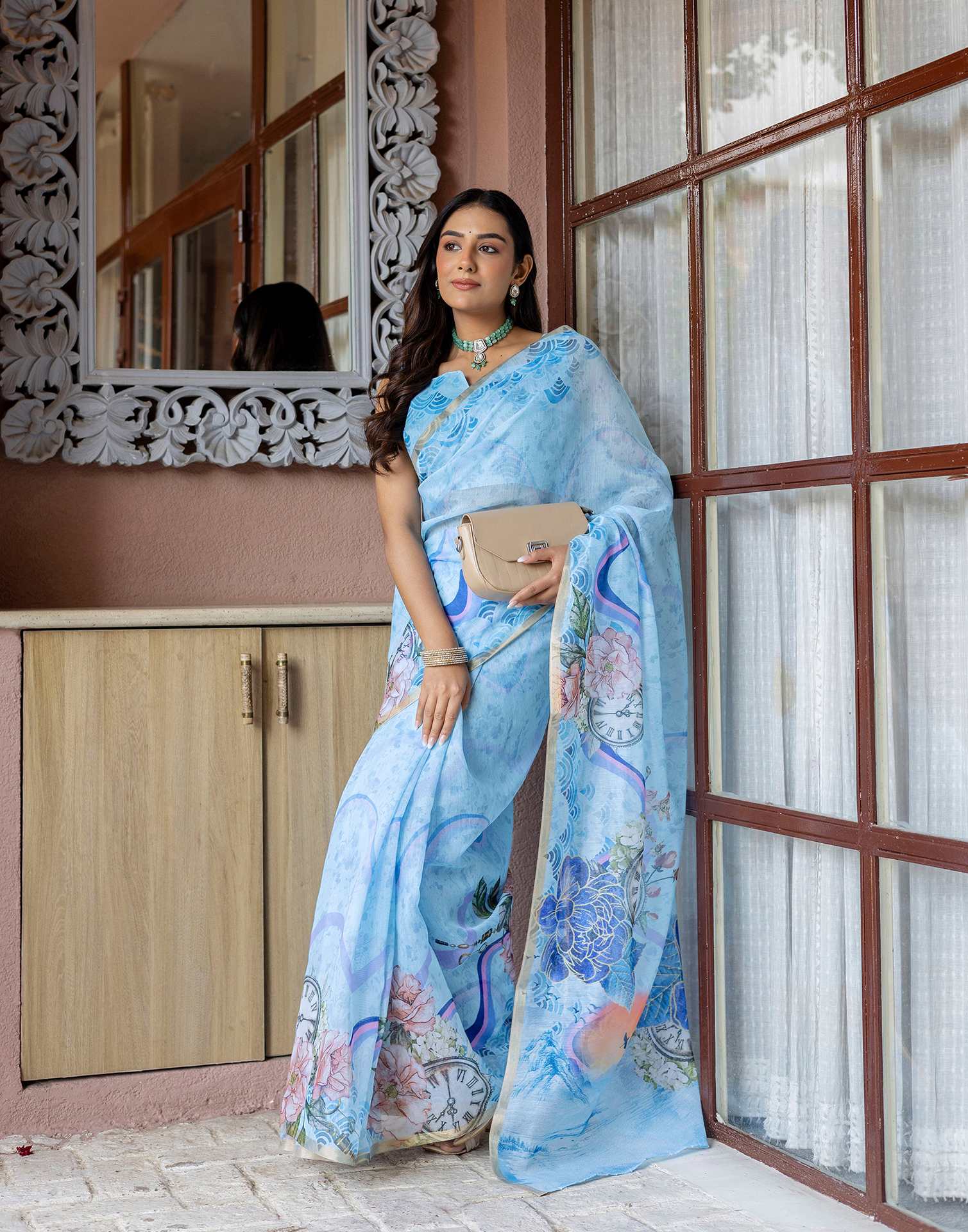 Light Blue Linen Floral Printed Saree - Image 4