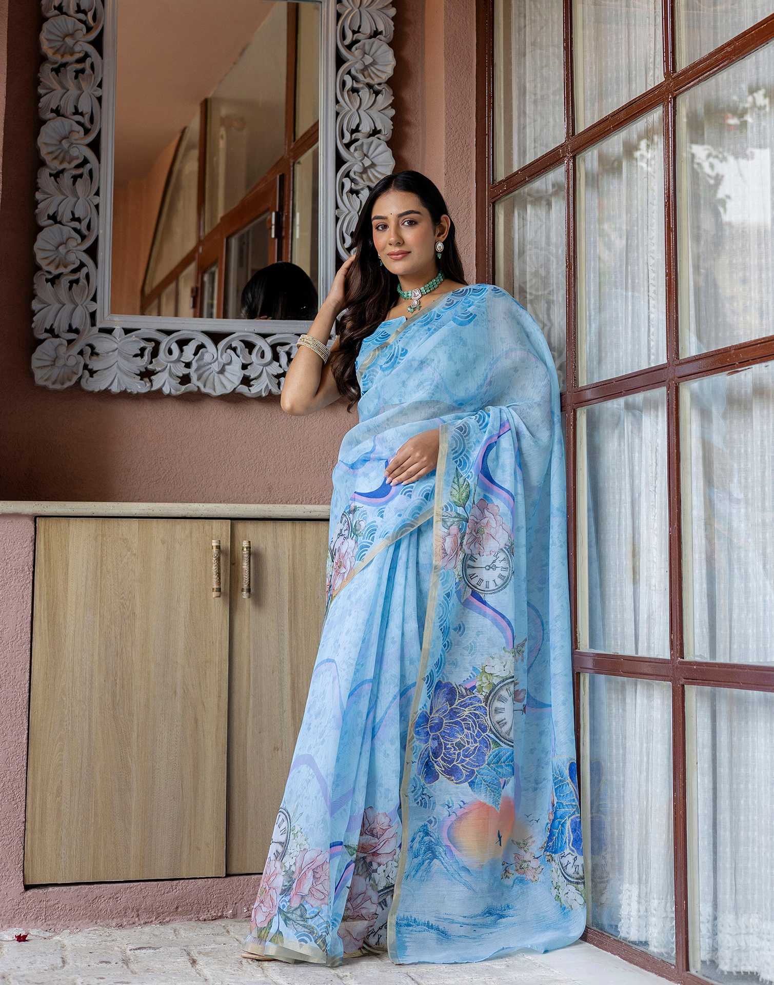 Light Blue Linen Floral Printed Saree - Image 5