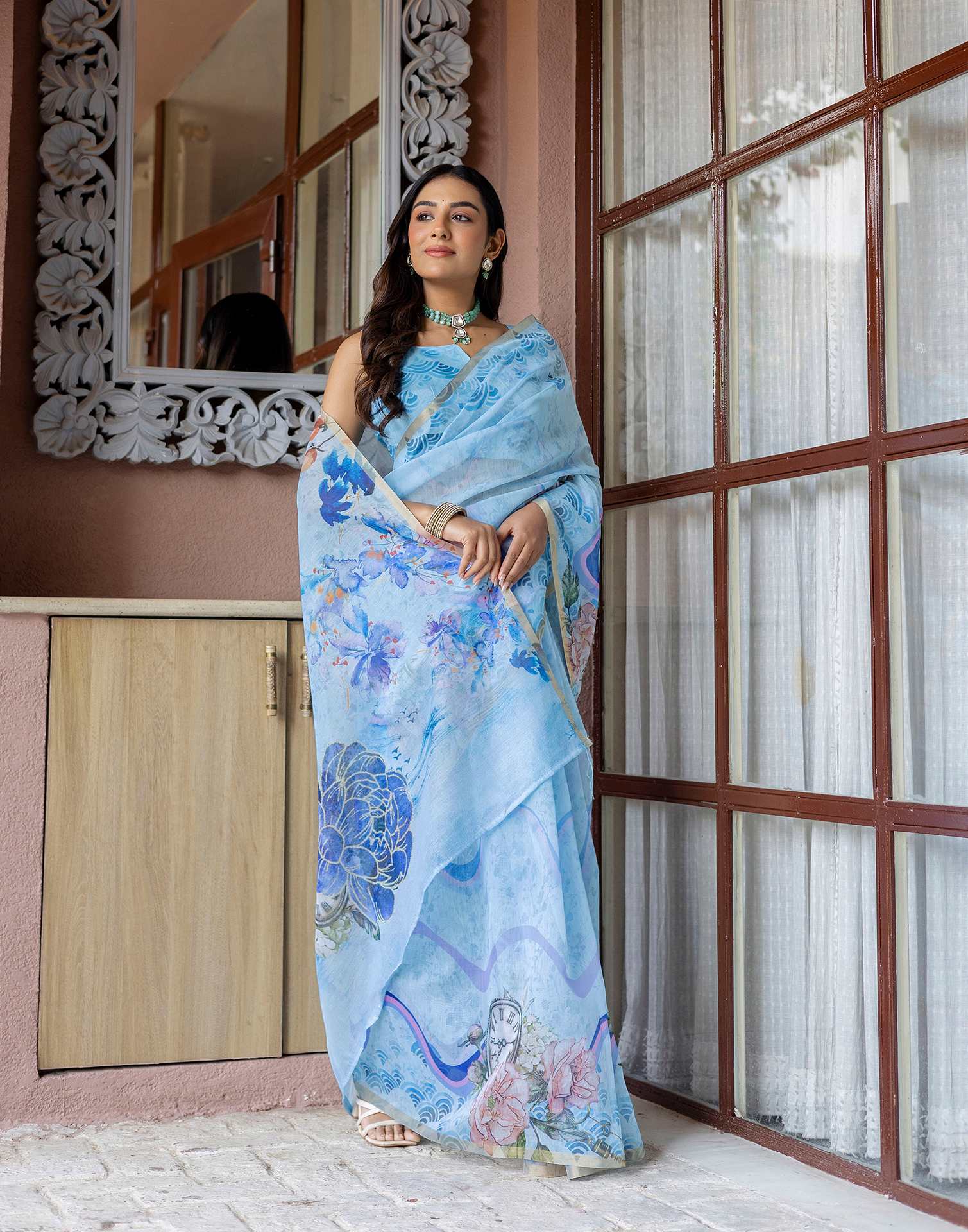 Light Blue Linen Floral Printed Saree - Image 6